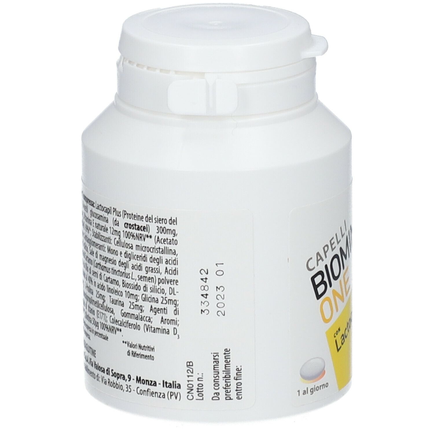 Flacone bianco con etichetta. Scritta: Capelli BIOMINERAL ONE con Lactocapil Plus. 90 compresse.