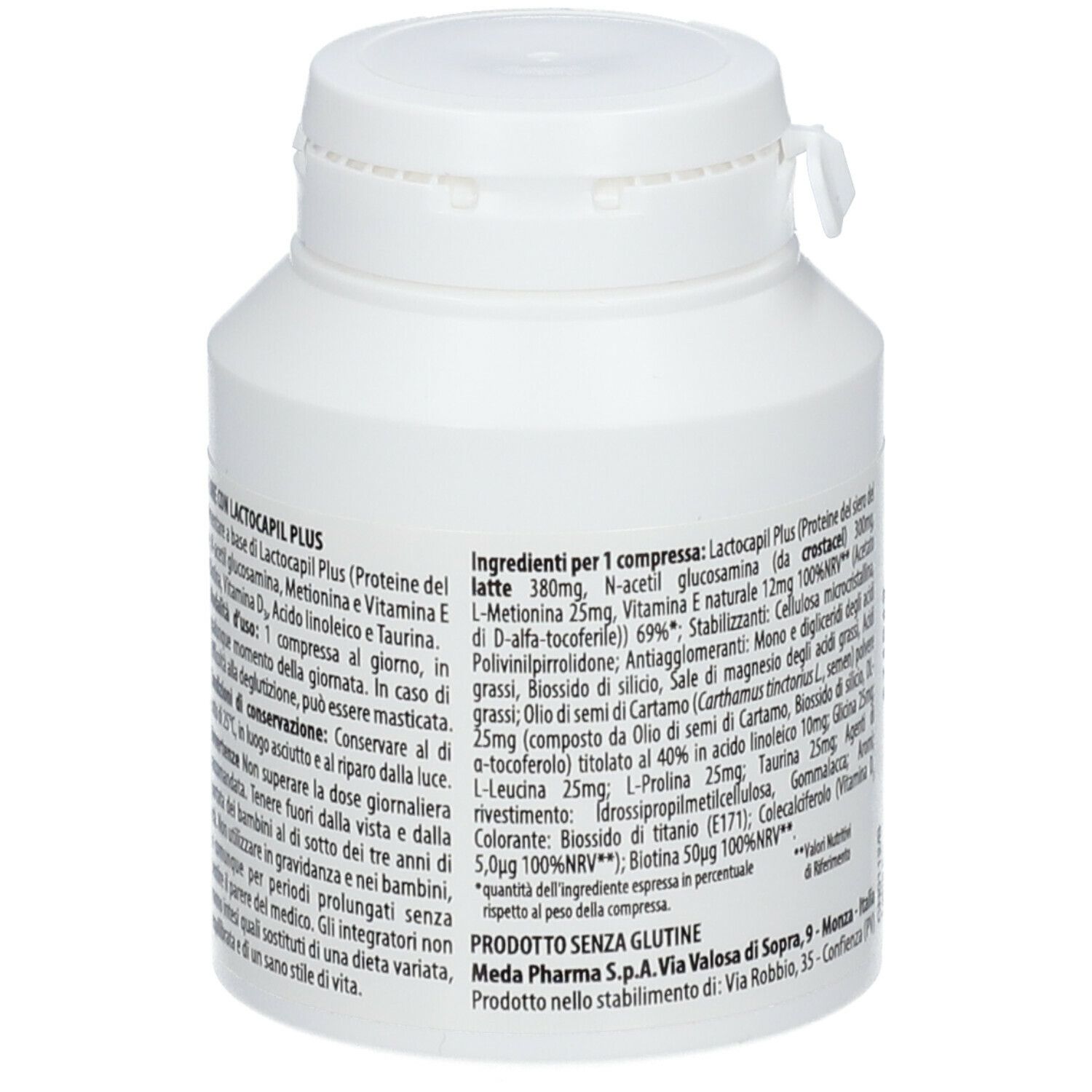 Flacone bianco con etichetta. Scritta: Capelli BIOMINERAL ONE con Lactocapil Plus. 90 compresse.