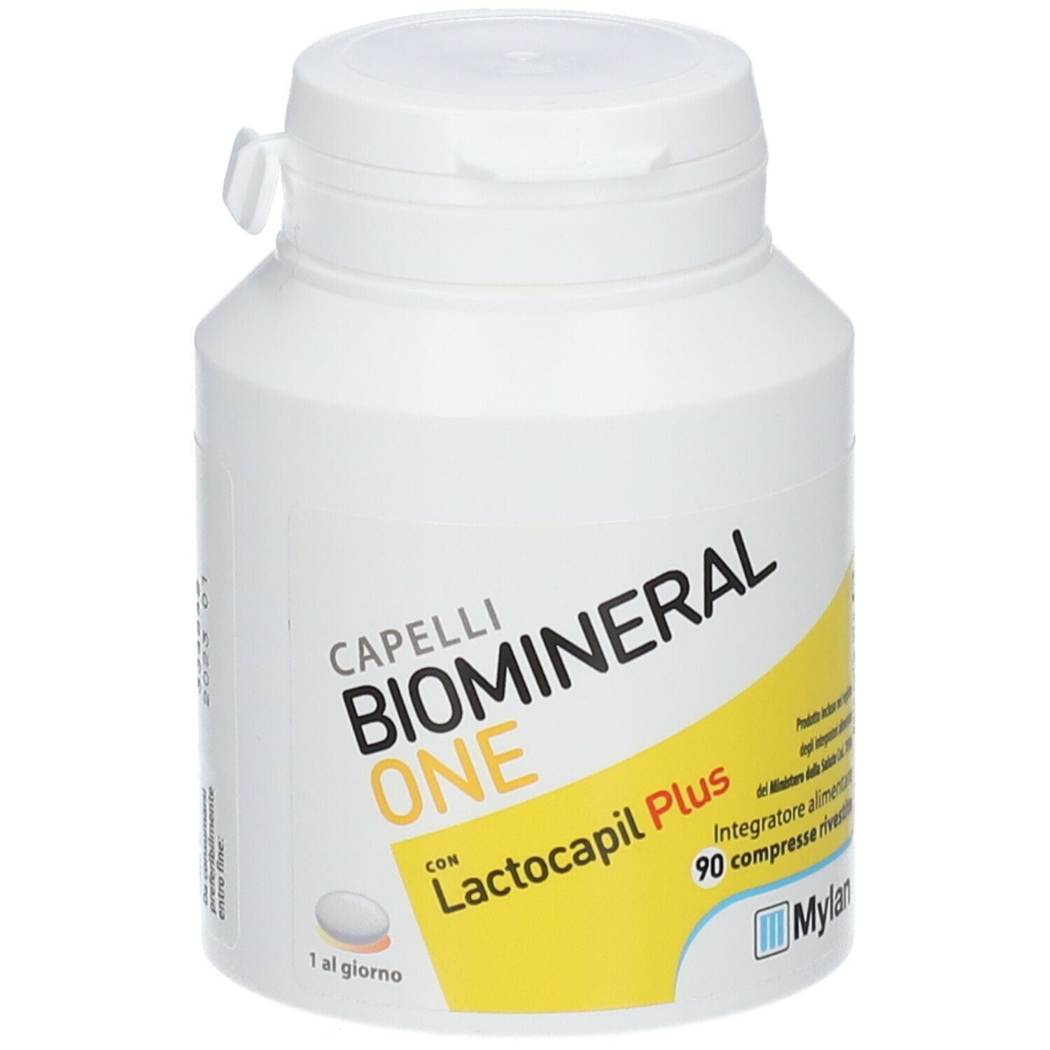 Flacone bianco con etichetta. Scritta: Capelli BIOMINERAL ONE con Lactocapil Plus. 90 compresse.
