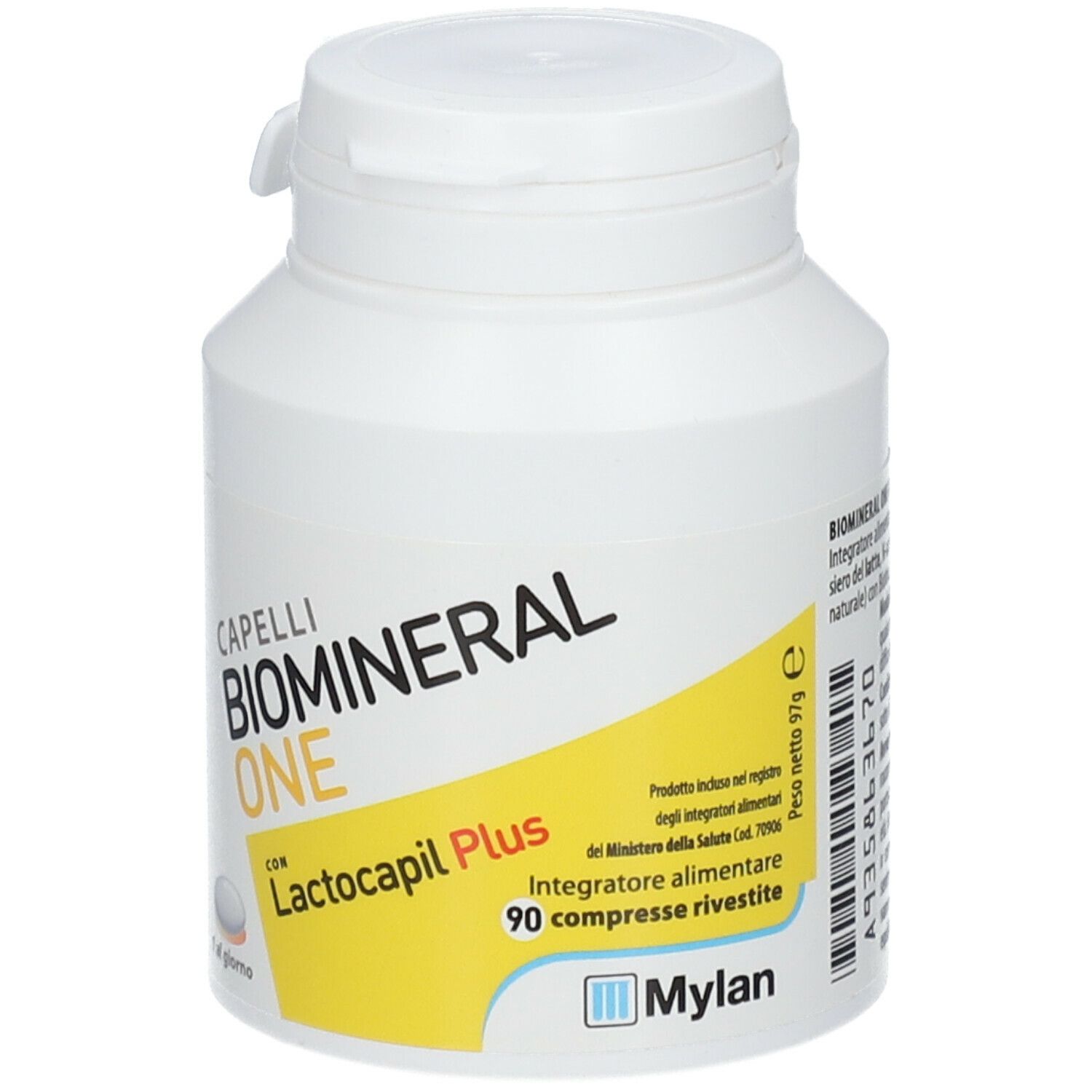 Flacone bianco con etichetta. Scritta: Capelli BIOMINERAL ONE con Lactocapil Plus. 90 compresse.