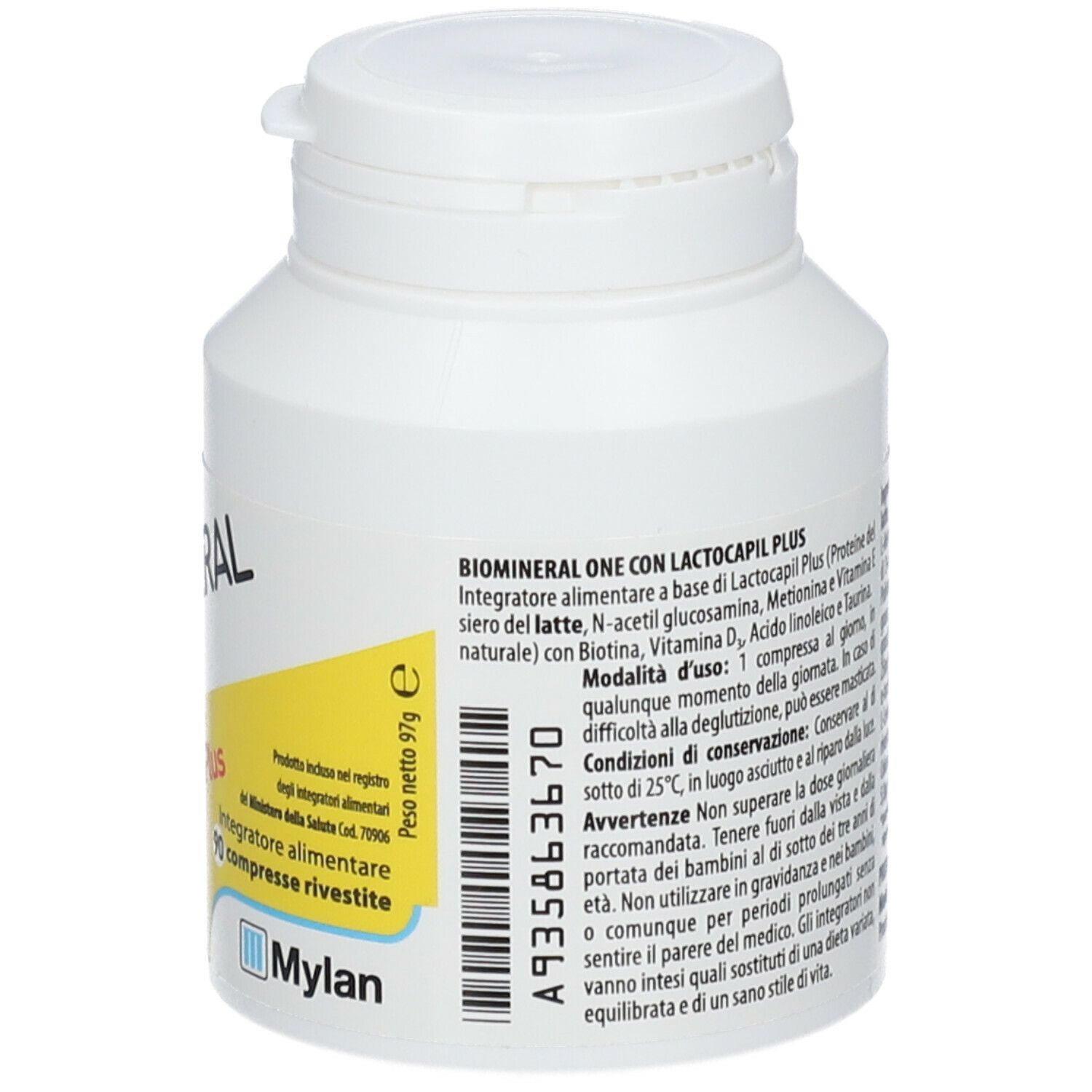 Flacone bianco con etichetta. Scritta: Capelli BIOMINERAL ONE con Lactocapil Plus. 90 compresse.