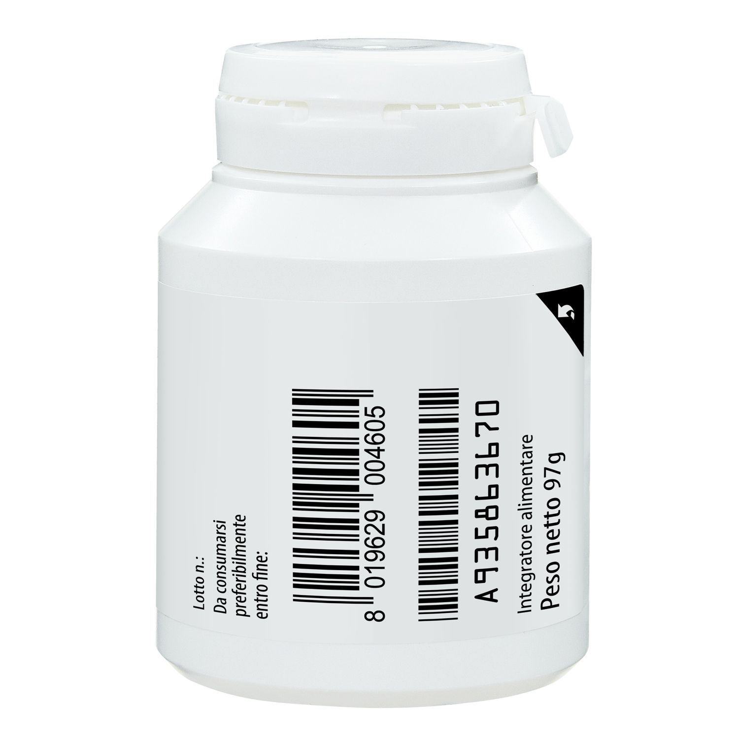 Flacone bianco con codice a barre e testo. Scritta: Integratore alimentare. Peso netto 97g.