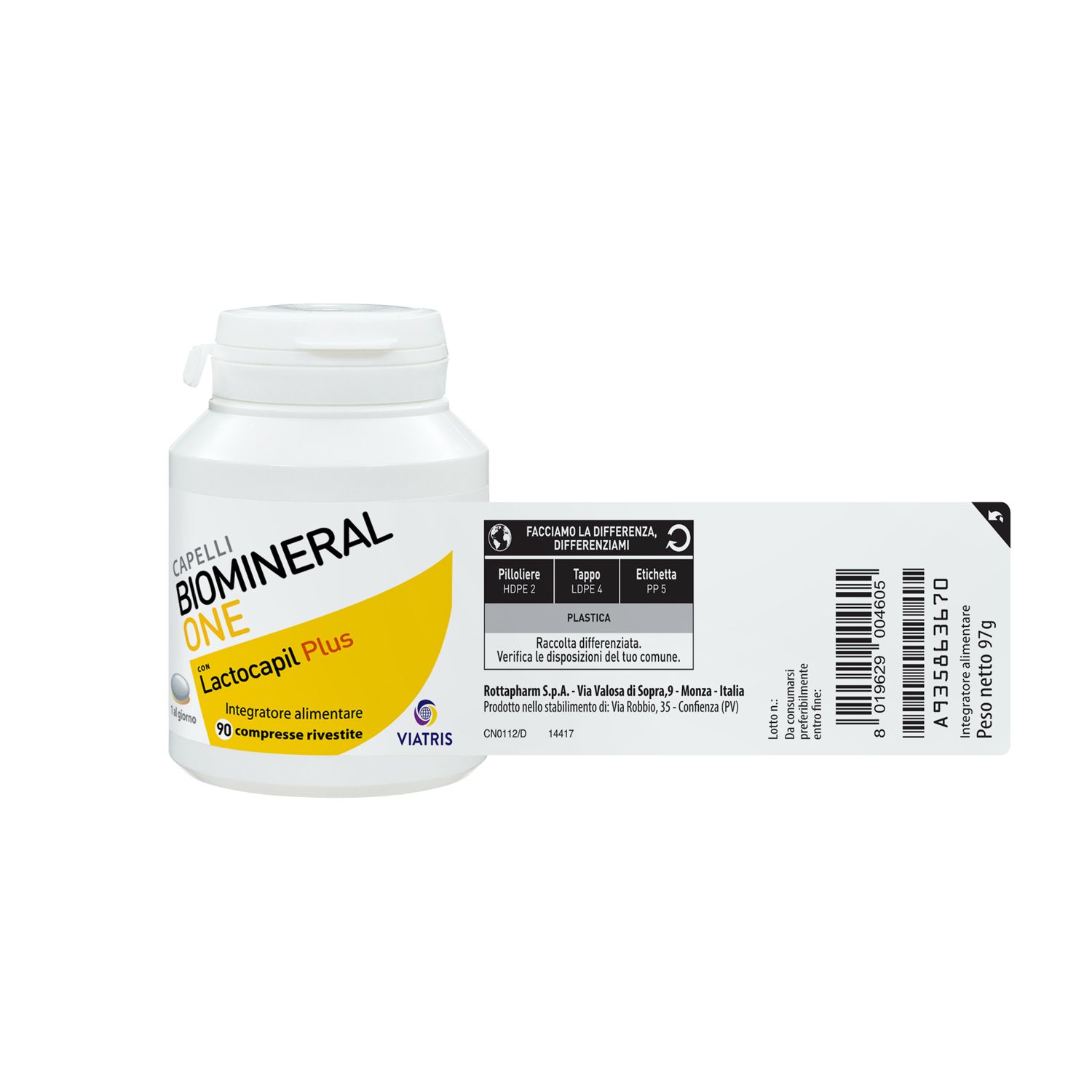 Flacone bianco con etichetta. Scritta: Capelli BIOMINERAL ONE con Lactocapil Plus. 90 compresse.