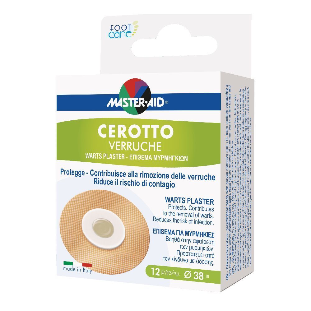 Confezione di cerotti per verruche. Marca MASTER-AID. Testo: CEROTTO VERRUCHE. 12 pezzi, Ø 38 mm. Bandiera italiana.