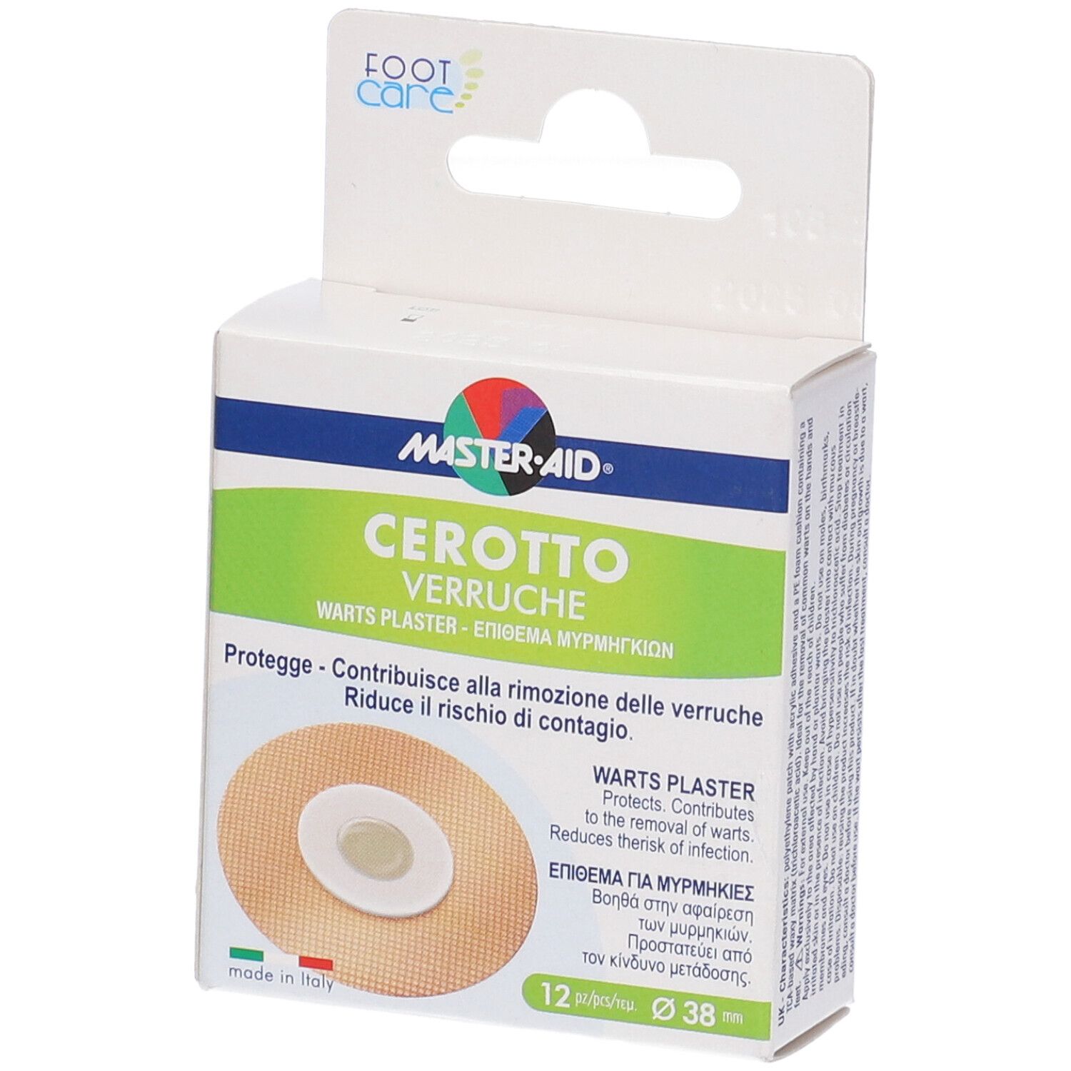Confezione di cerotti per verruche. Marca MASTER-AID. Testo: CEROTTO VERRUCHE. 12 pezzi, Ø 38 mm. Aperta, vista frontale.