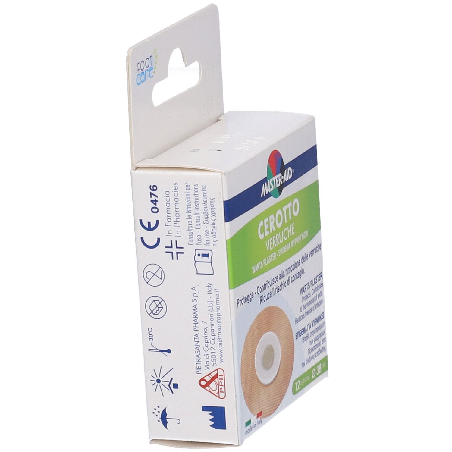 Confezione di cerotti per verruche. Marca MASTER-AID. Testo: CEROTTO VERRUCHE. 12 pezzi, Ø 38 mm. Aperta, vista laterale.