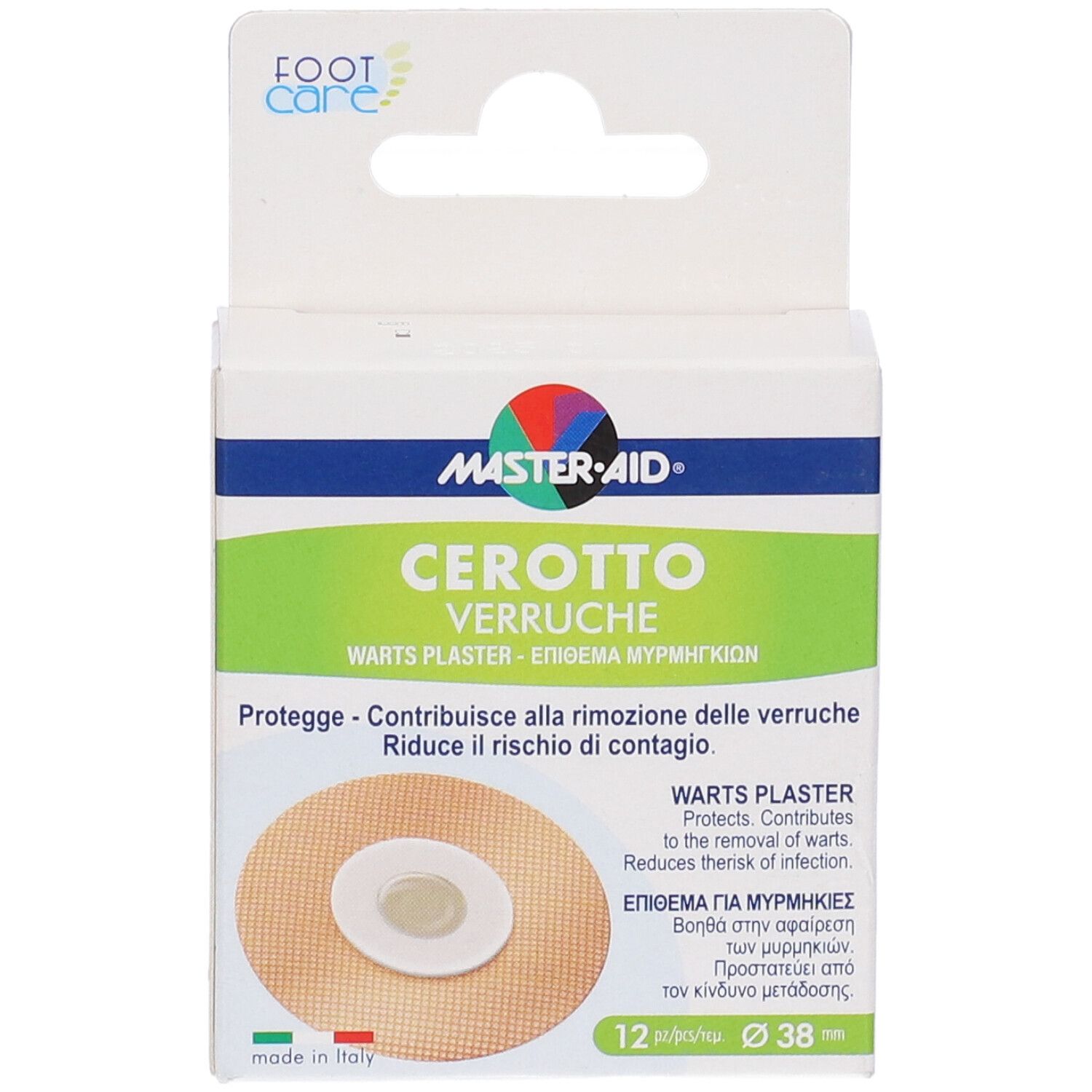 Confezione di cerotti per verruche. Marca MASTER-AID. Testo: CEROTTO VERRUCHE. 12 pezzi, Ø 38 mm. Vista frontale.
