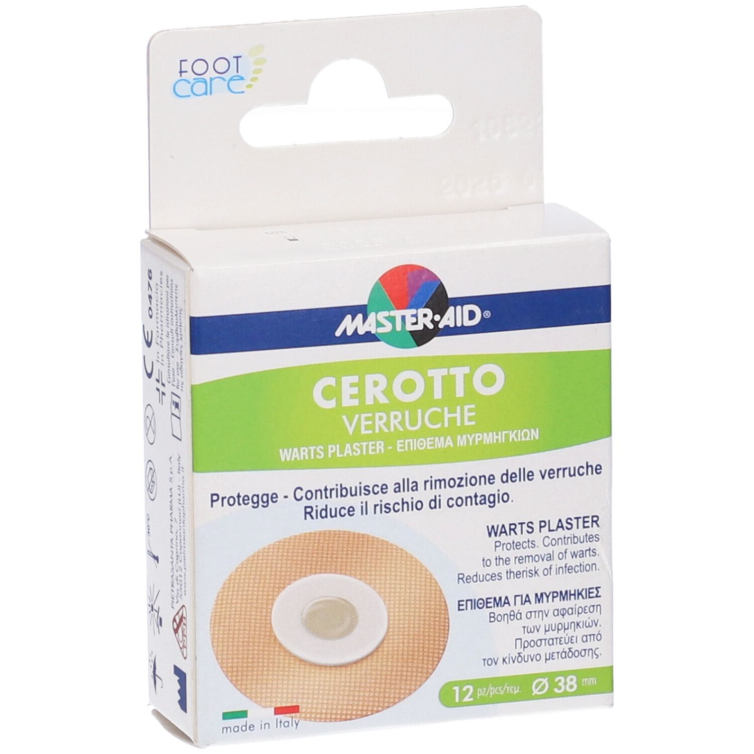 Confezione di cerotti per verruche. Marca MASTER-AID. Testo: CEROTTO VERRUCHE. 12 pezzi, Ø 38 mm. Vista frontale.