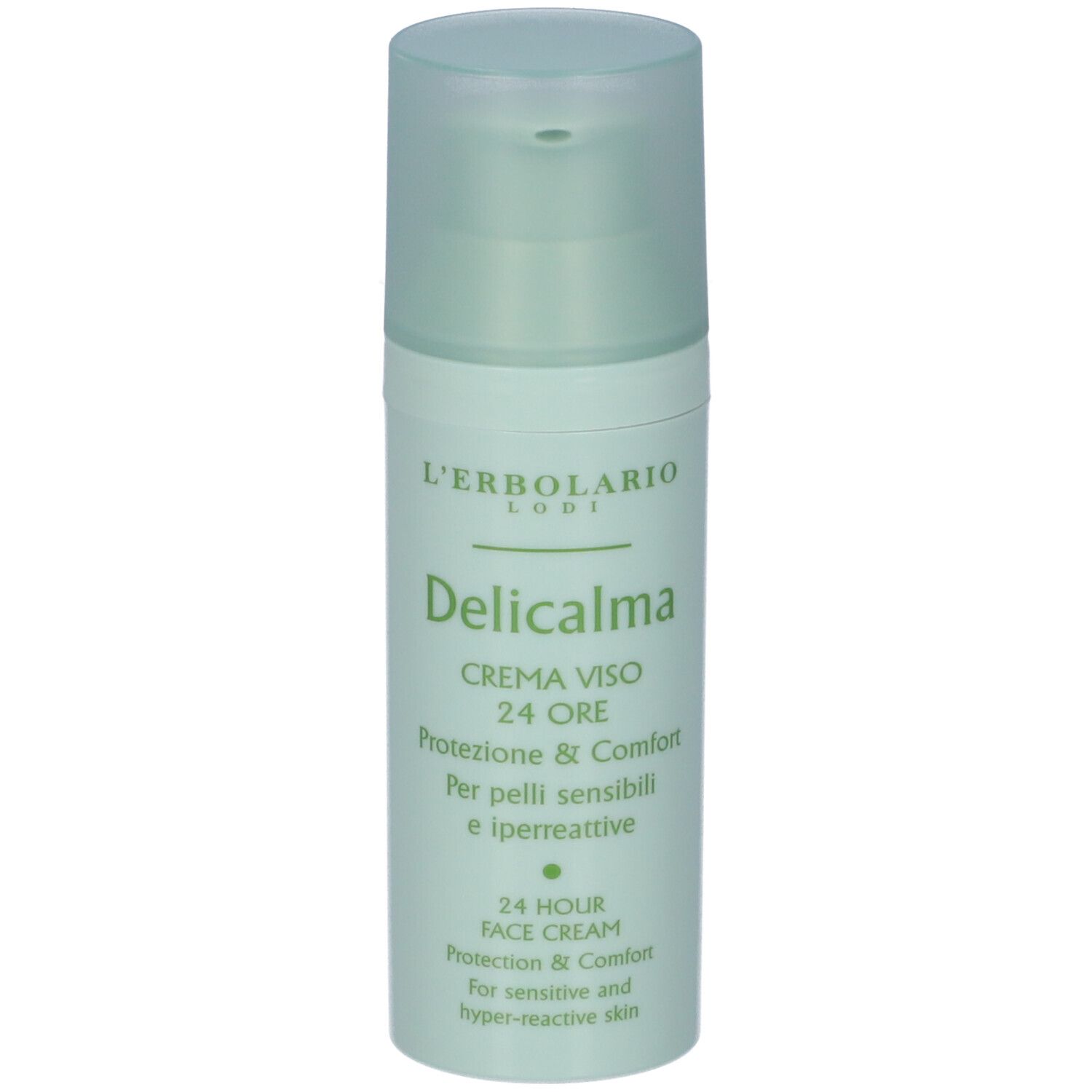 Flacone L'Erbolario Delicalma con dosatore. Nome prodotto e testo sull'etichetta.