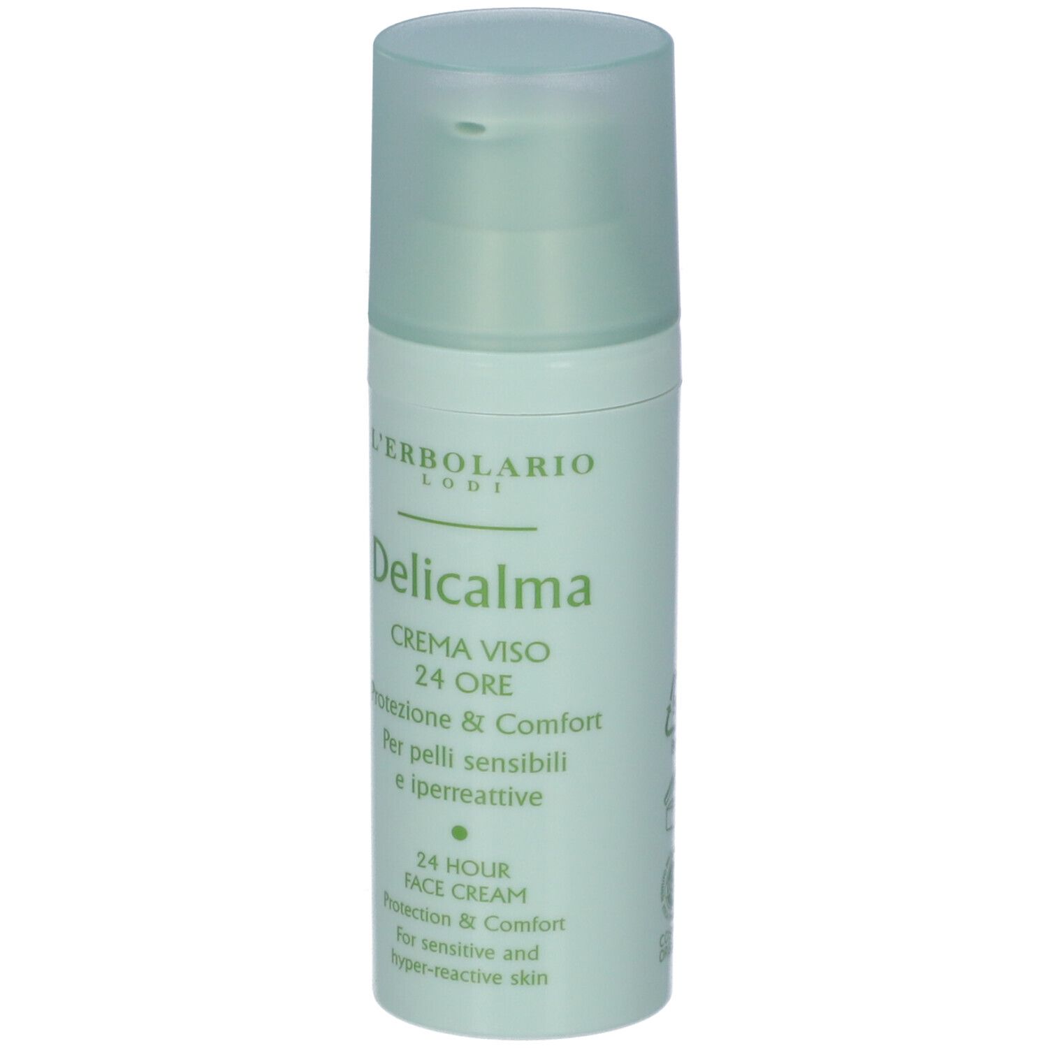 Flacone L'Erbolario Delicalma con dosatore. Nome prodotto e testo sull'etichetta.