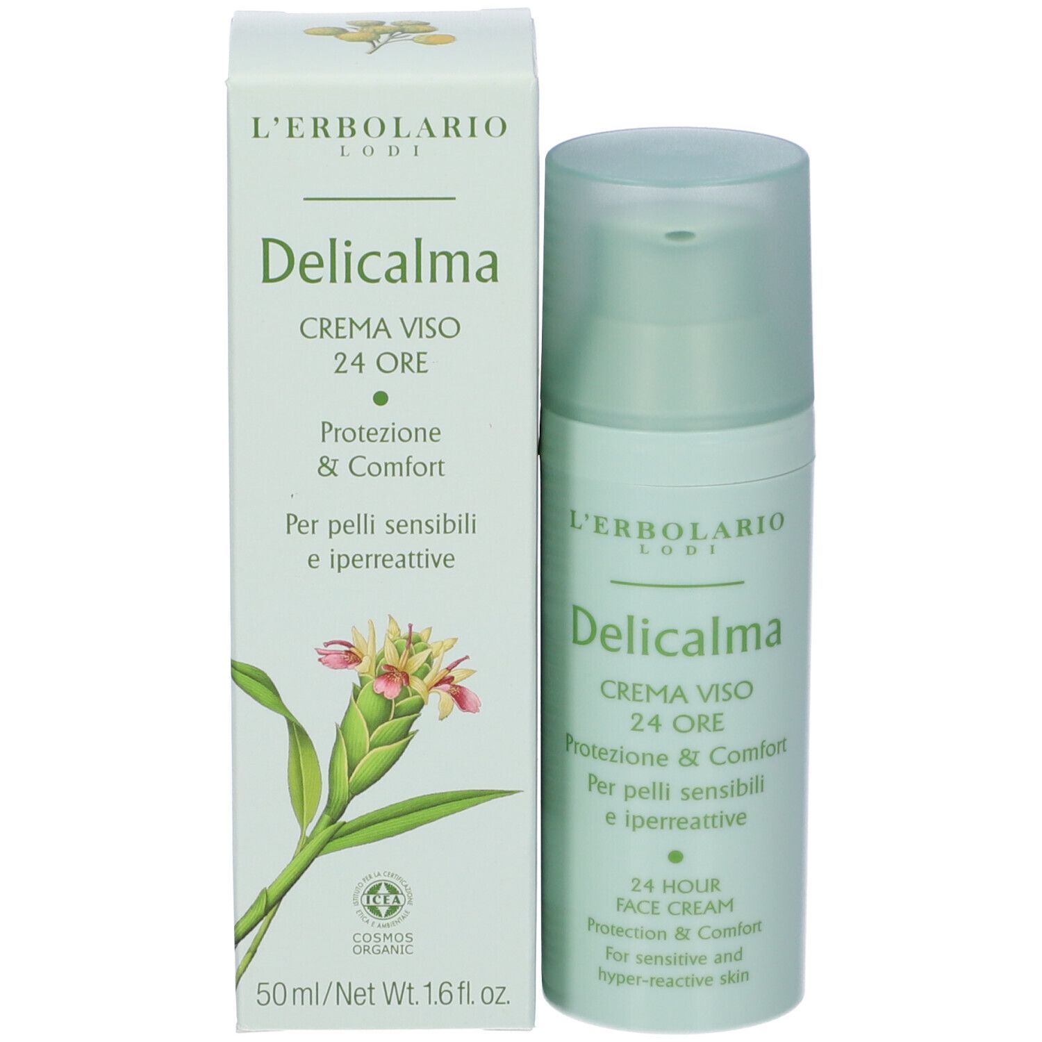 L'Erbolario Delicalma crema e confezione. Flacone e scatola affiancati.