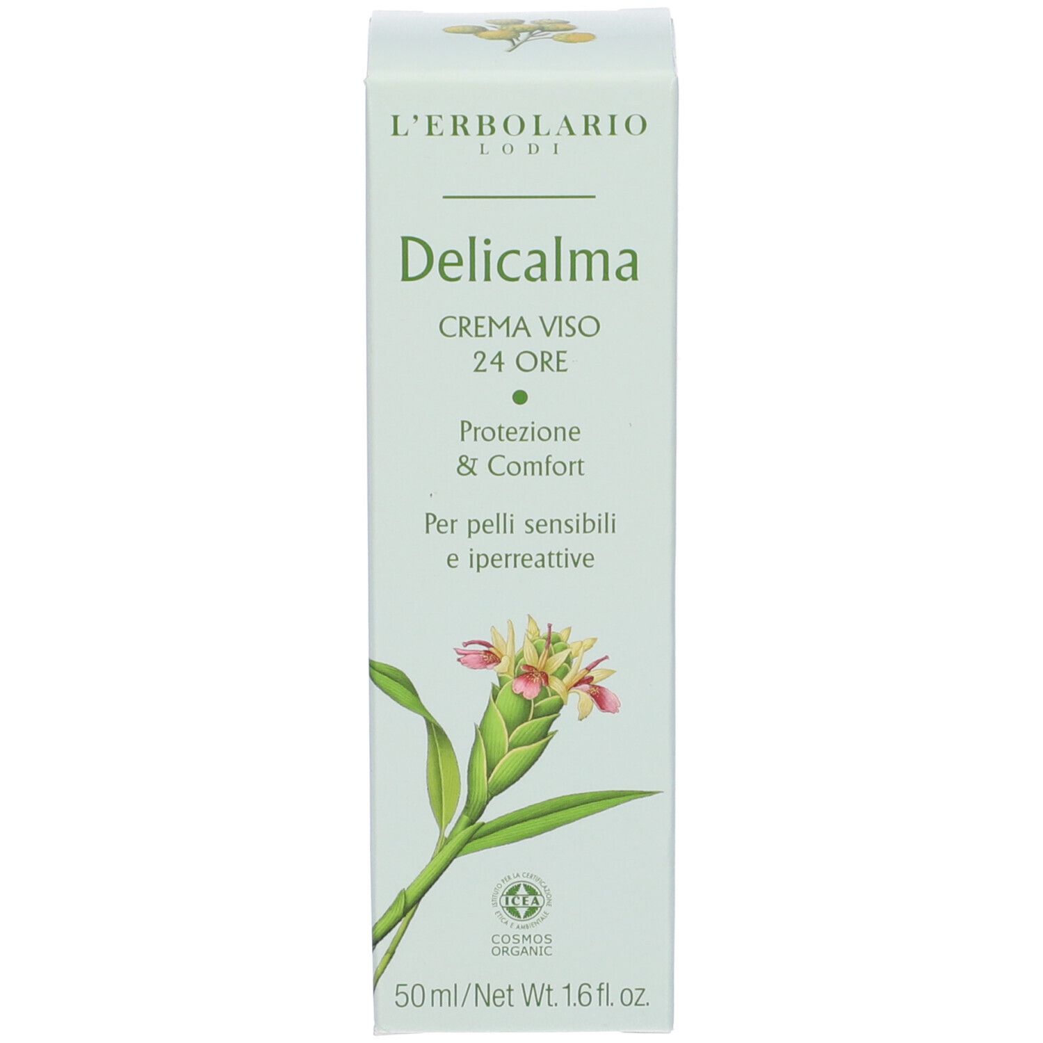 Confezione L'Erbolario Delicalma. Nome prodotto, motivo floreale e certificazione.