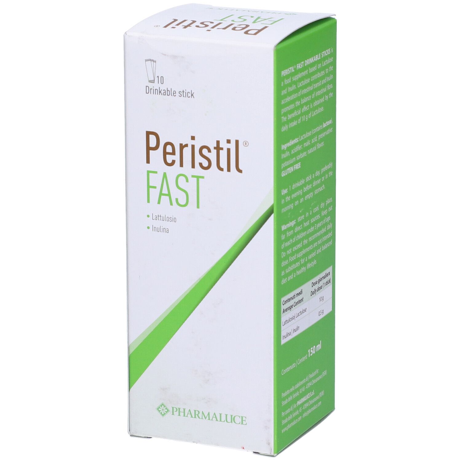 Scatola bianca e verde. Scritte: Peristil Fast, 10 stick. Marchio: Pharmalucie. Ingredienti e informazioni nutrizionali.