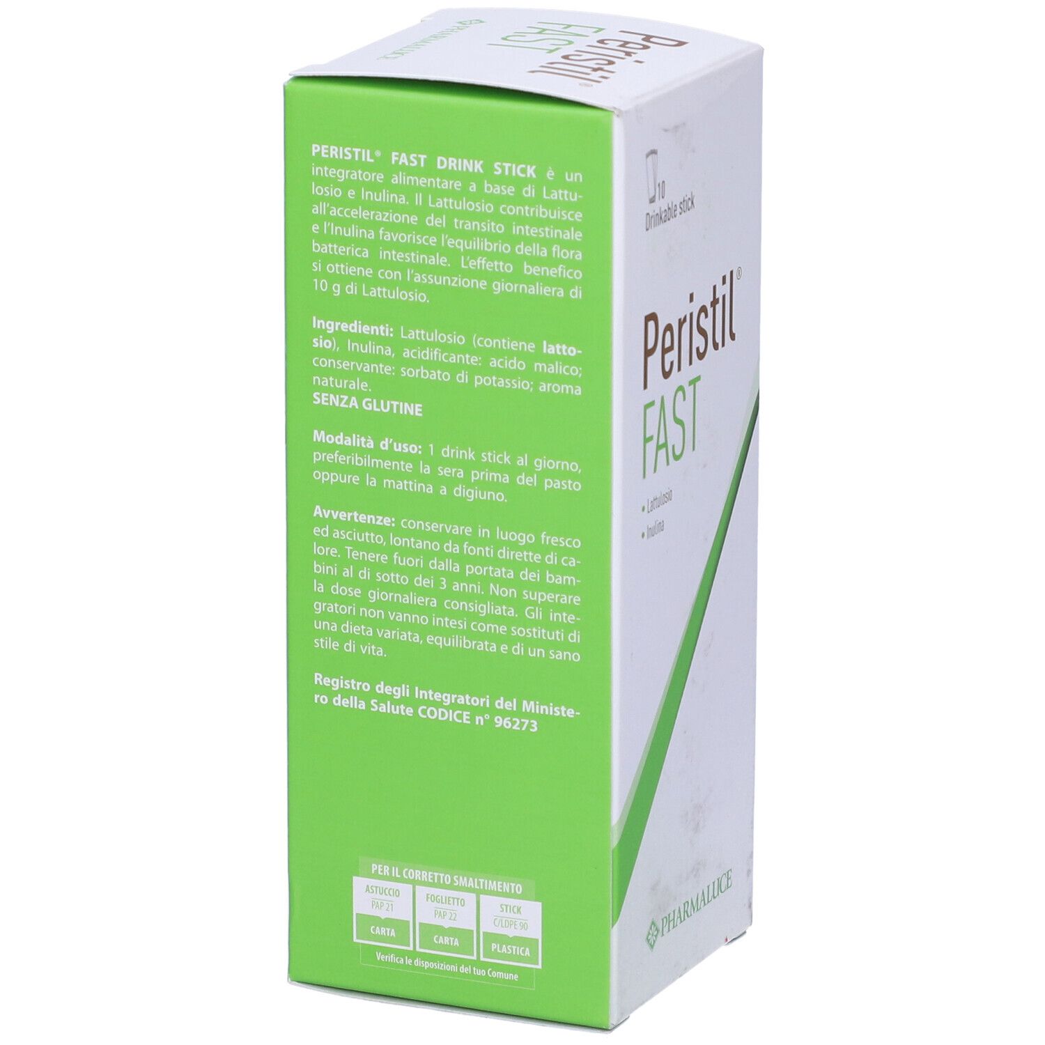 Retro della scatola. Testo su Peristil Fast, ingredienti, uso, avvertenze. Marchio: Pharmalucie. Senza glutine.