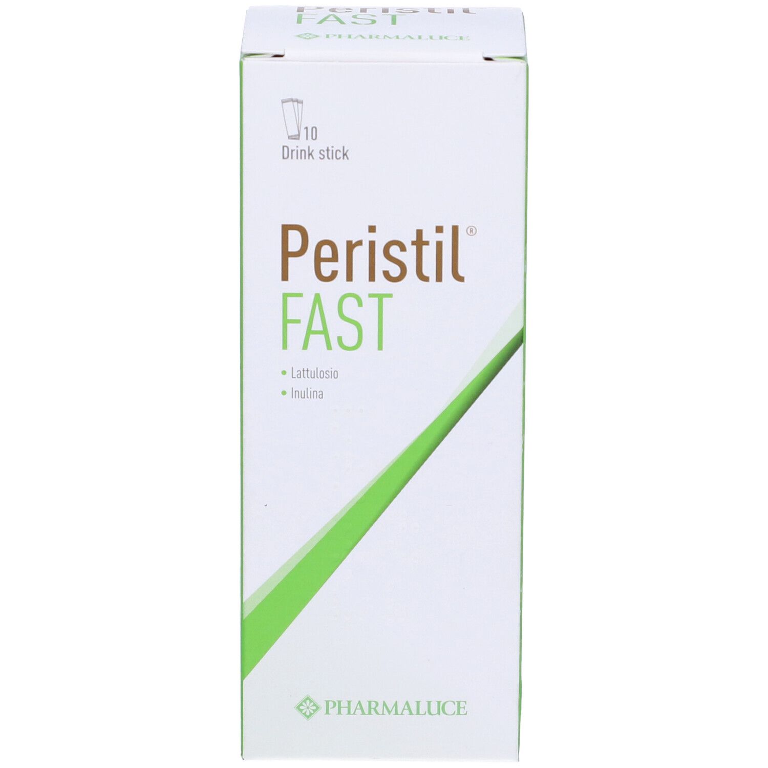 Scatola bianca e verde. Scritte: Peristil Fast, 10 stick. Marchio: Pharmalucie. Ingredienti e informazioni nutrizionali.