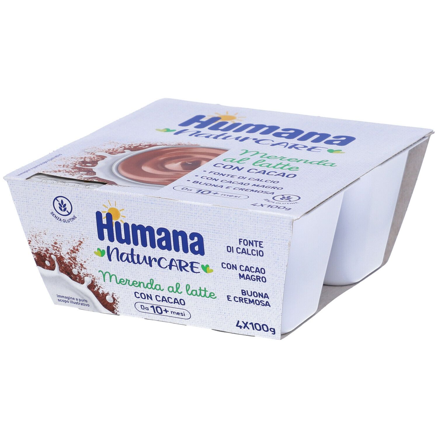 Humana NaturCARE Merenda al latte con cacao. Confezione bianca con 4 vasetti. Contiene testo e logo.
