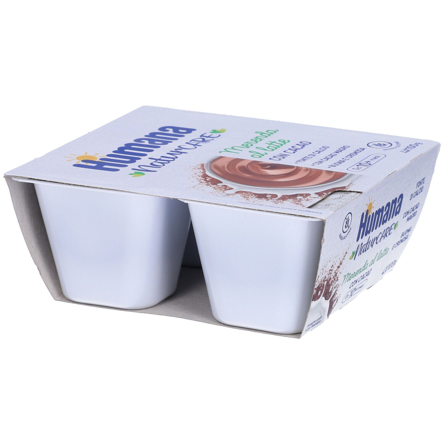 Humana NaturCARE Merenda al latte con cacao. Confezione con 4 vasetti. Logo e testo sulla confezione.