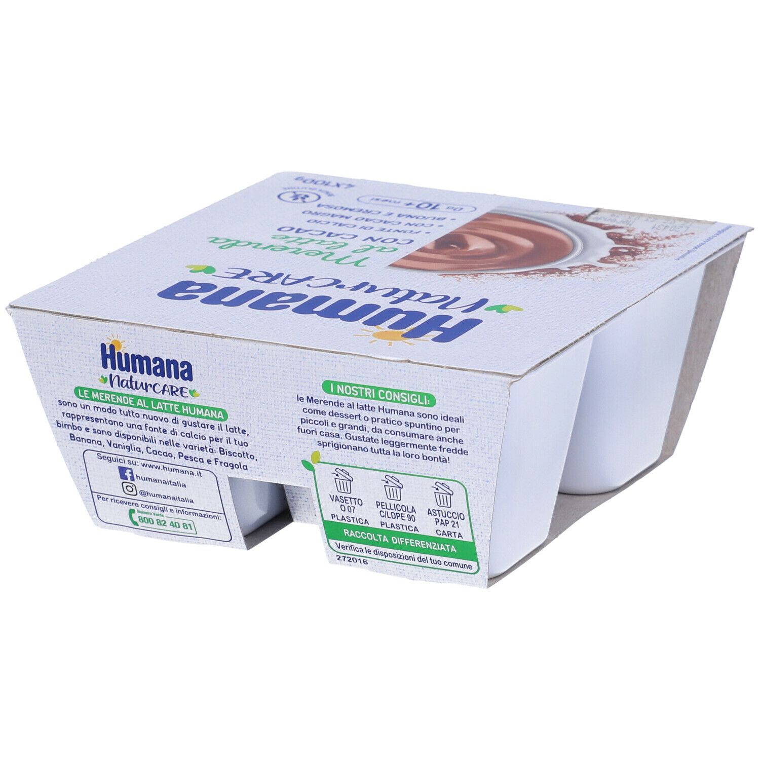 Humana NaturCARE Merenda al latte con cacao. Retro della confezione con testo e logo. 4 vasetti.