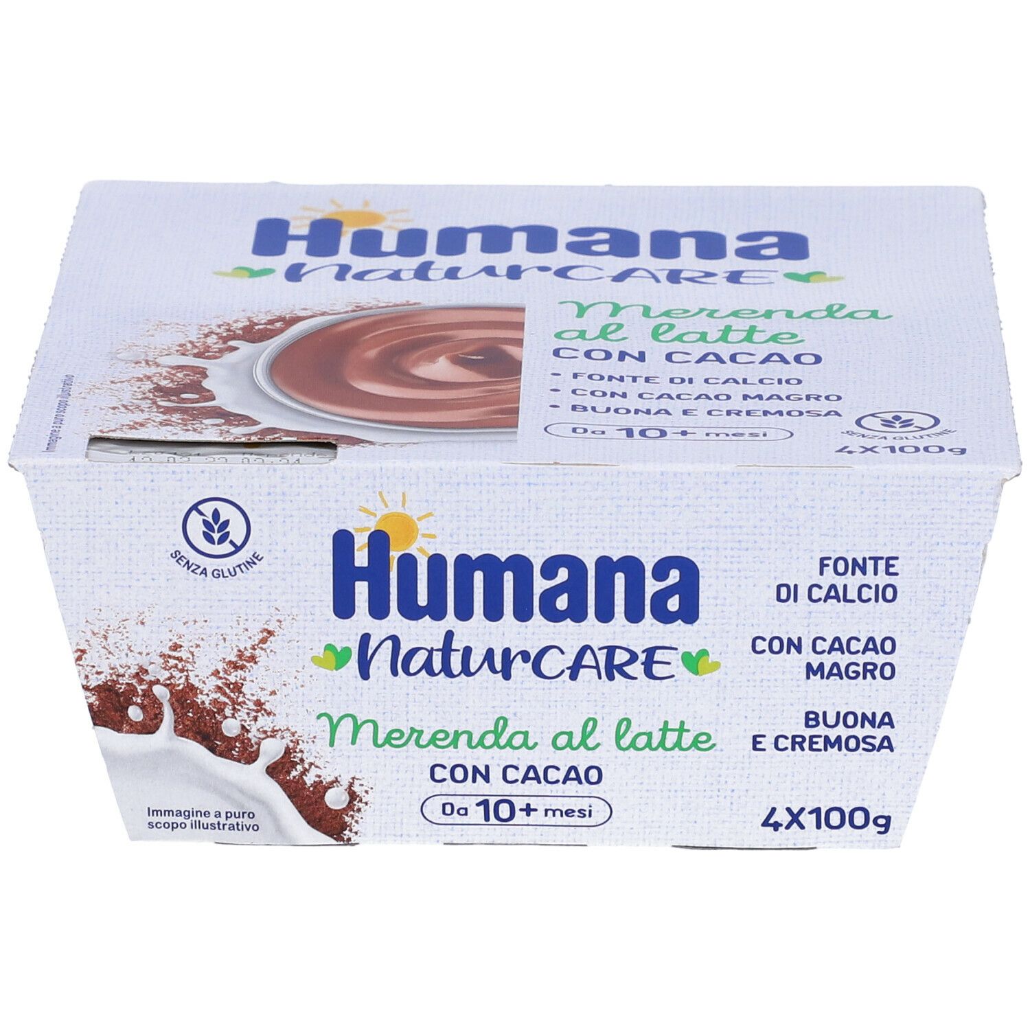 Humana NaturCARE Merenda al latte con cacao. Confezione bianca con 4 vasetti. Testo e logo.