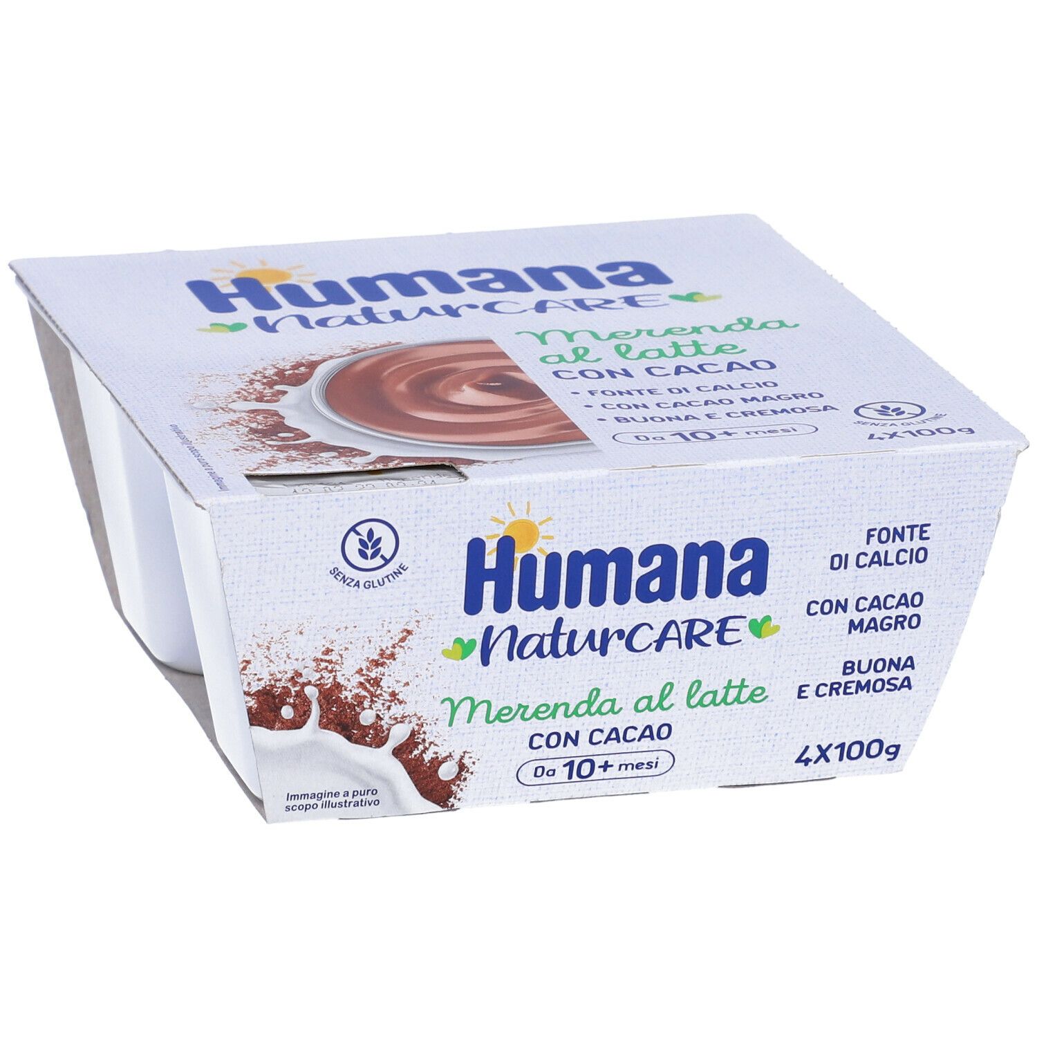 Humana NaturCARE Merenda al latte con cacao. Confezione bianca con 4 vasetti. Testo e logo.
