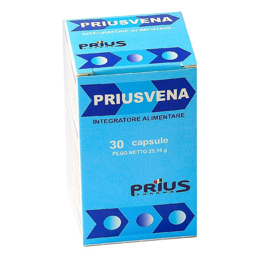 Scatola blu e bianca PRIUSVENA. Contiene 30 capsule. Logo PRIUS Pharma in basso. Informazioni e ingredienti.