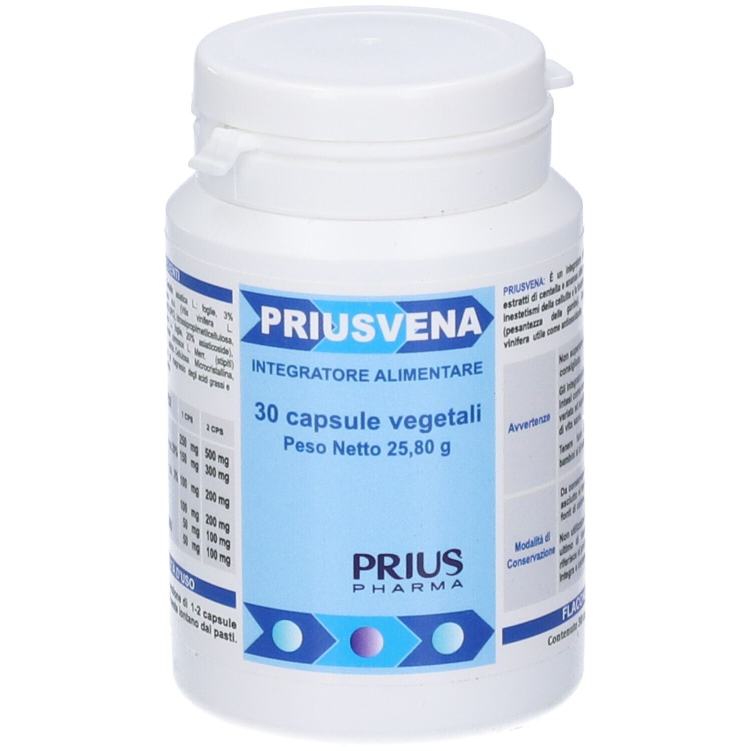 Flacone bianco PRIUSVENA. Contiene 30 capsule vegetali. Logo PRIUS Pharma. Tappo a cerniera.
