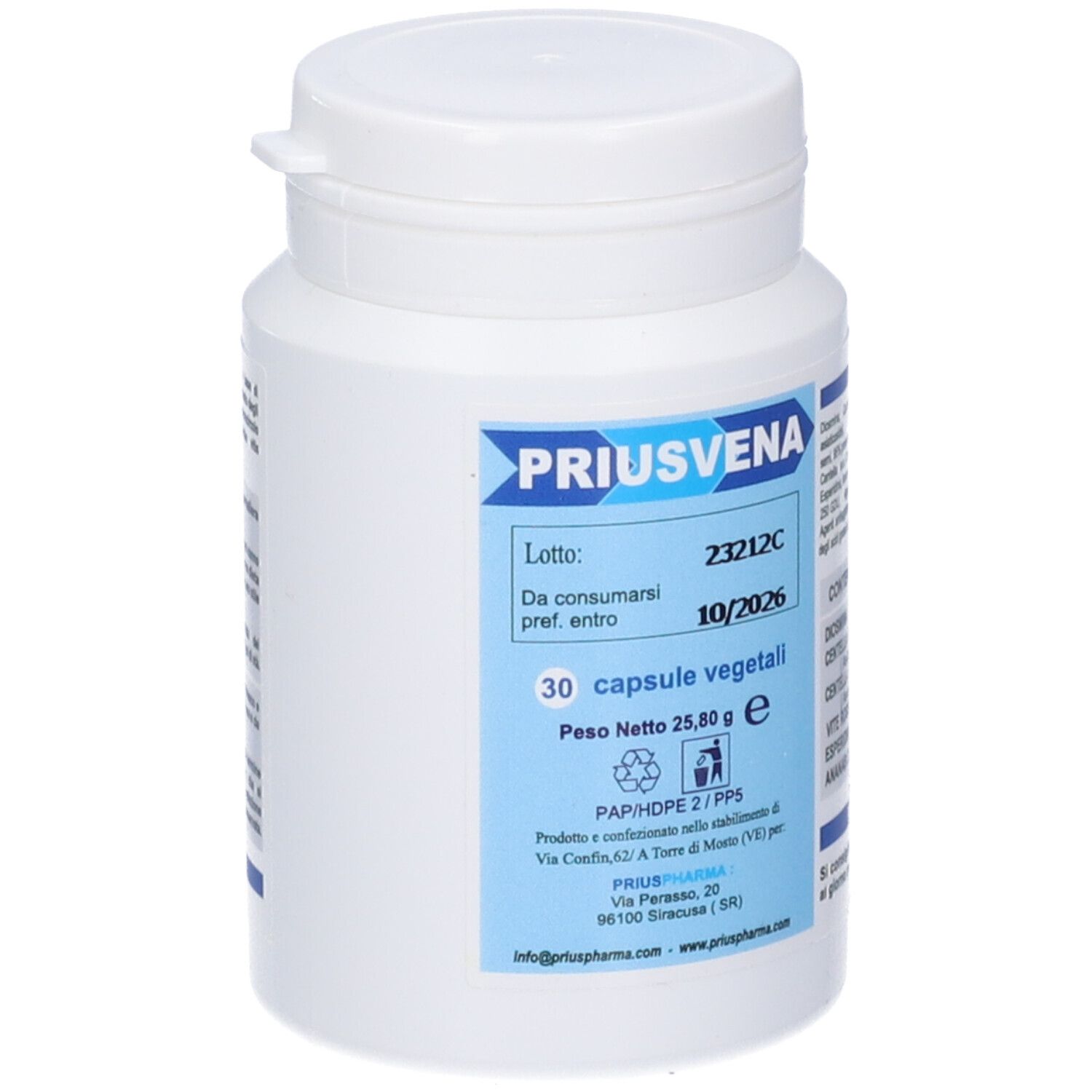 Flacone bianco PRIUSVENA. 30 capsule vegetali. Scadenza 10/2026. Logo PRIUS Pharma.