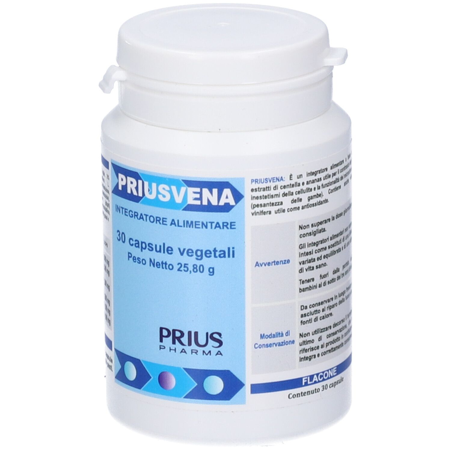 Flacone bianco PRIUSVENA. 30 capsule. Informazioni sull'uso e avvertenze.