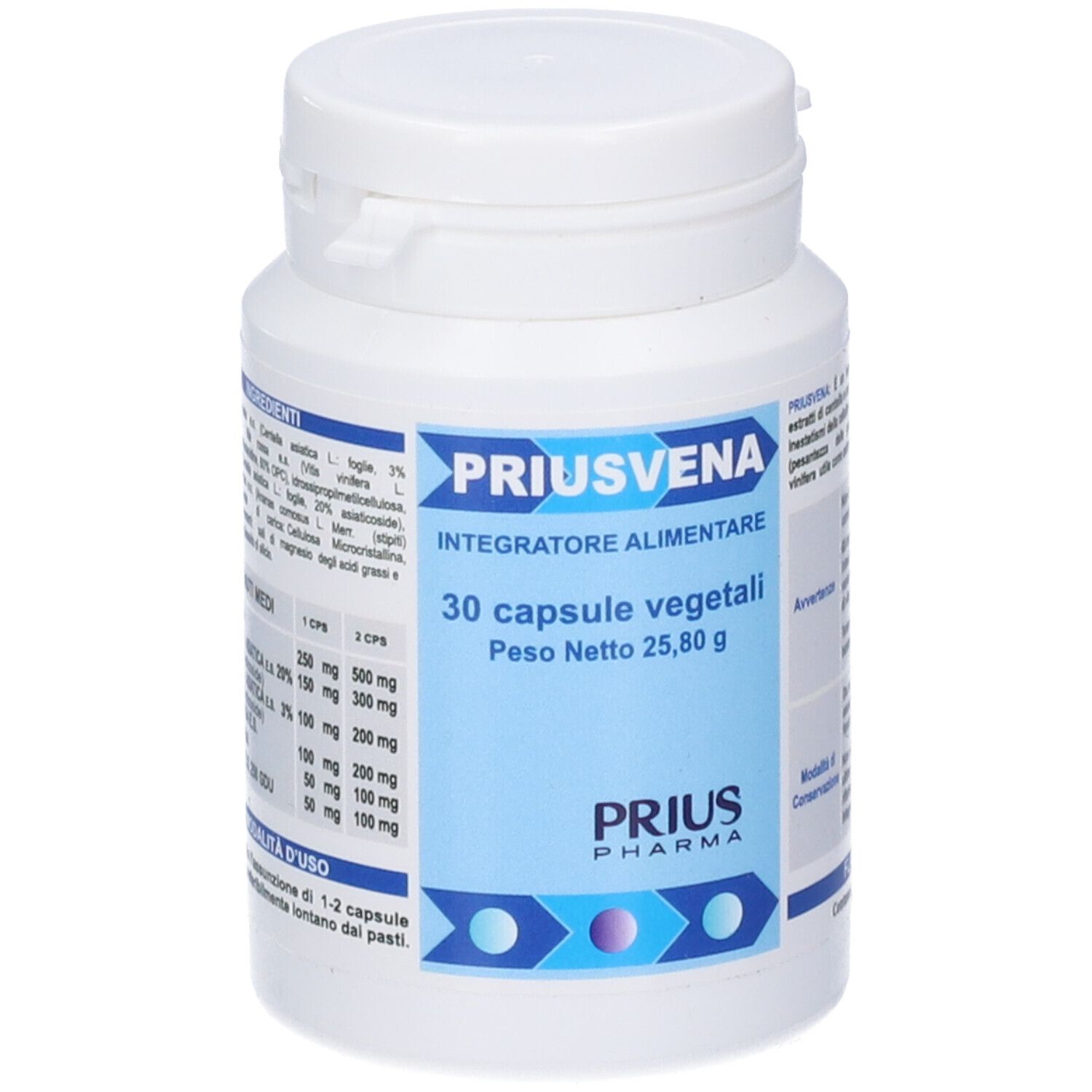 Flacone bianco PRIUSVENA. 30 capsule. Elenco ingredienti e dosaggio.
