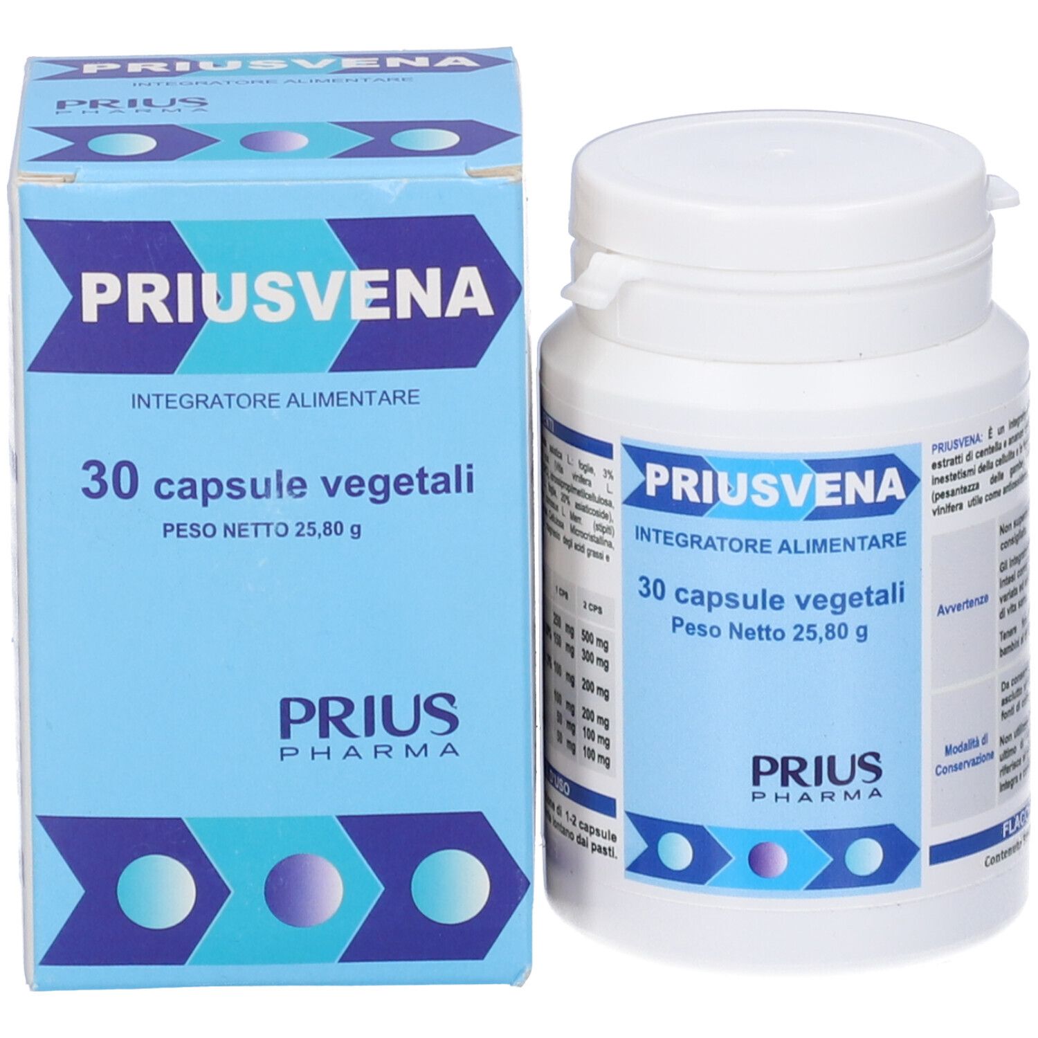 Flacone e scatola PRIUSVENA. 30 capsule. Informazioni su entrambi. Logo PRIUS Pharma.
