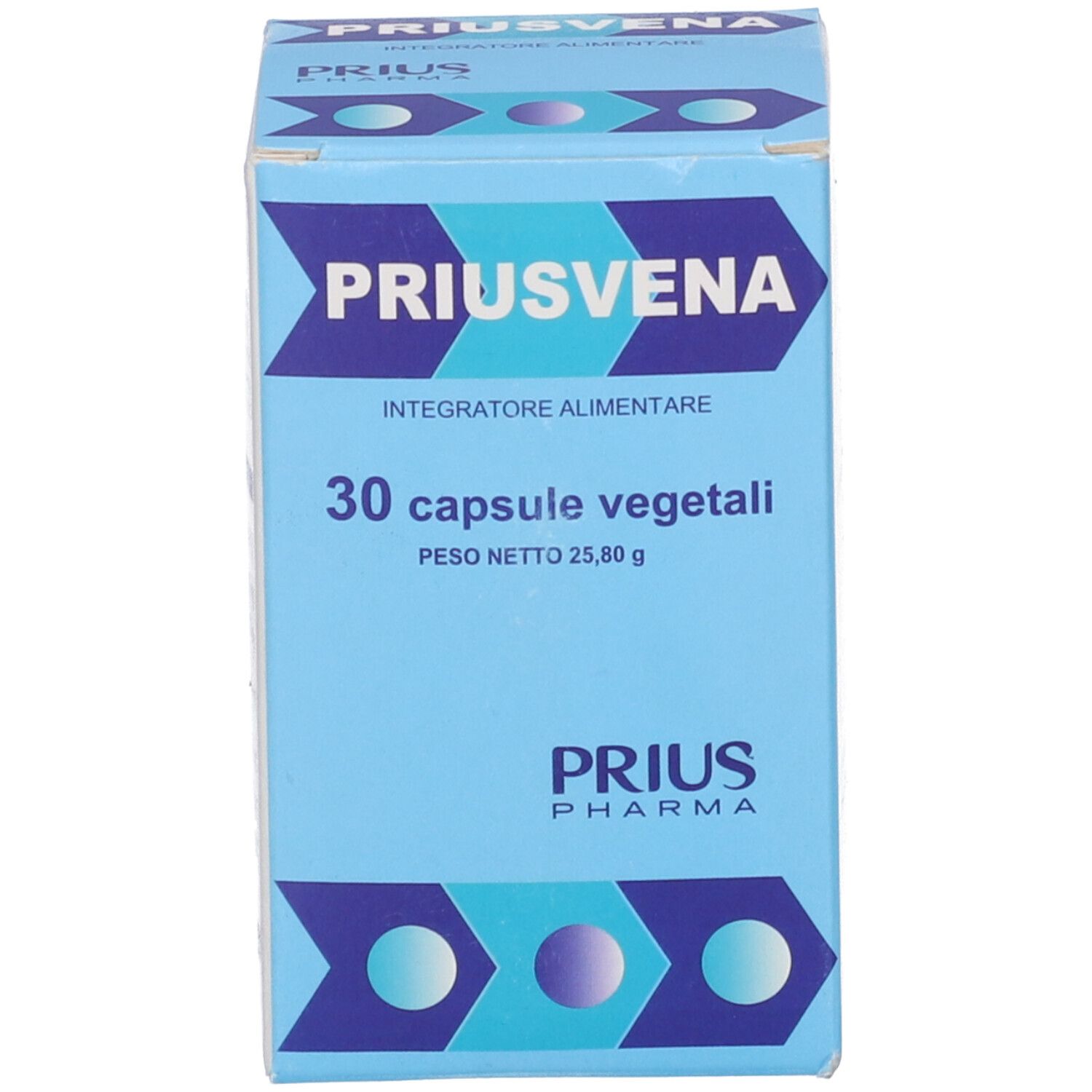 Scatola blu PRIUSVENA. 30 capsule. Logo PRIUS Pharma. Nome e informazioni del prodotto.