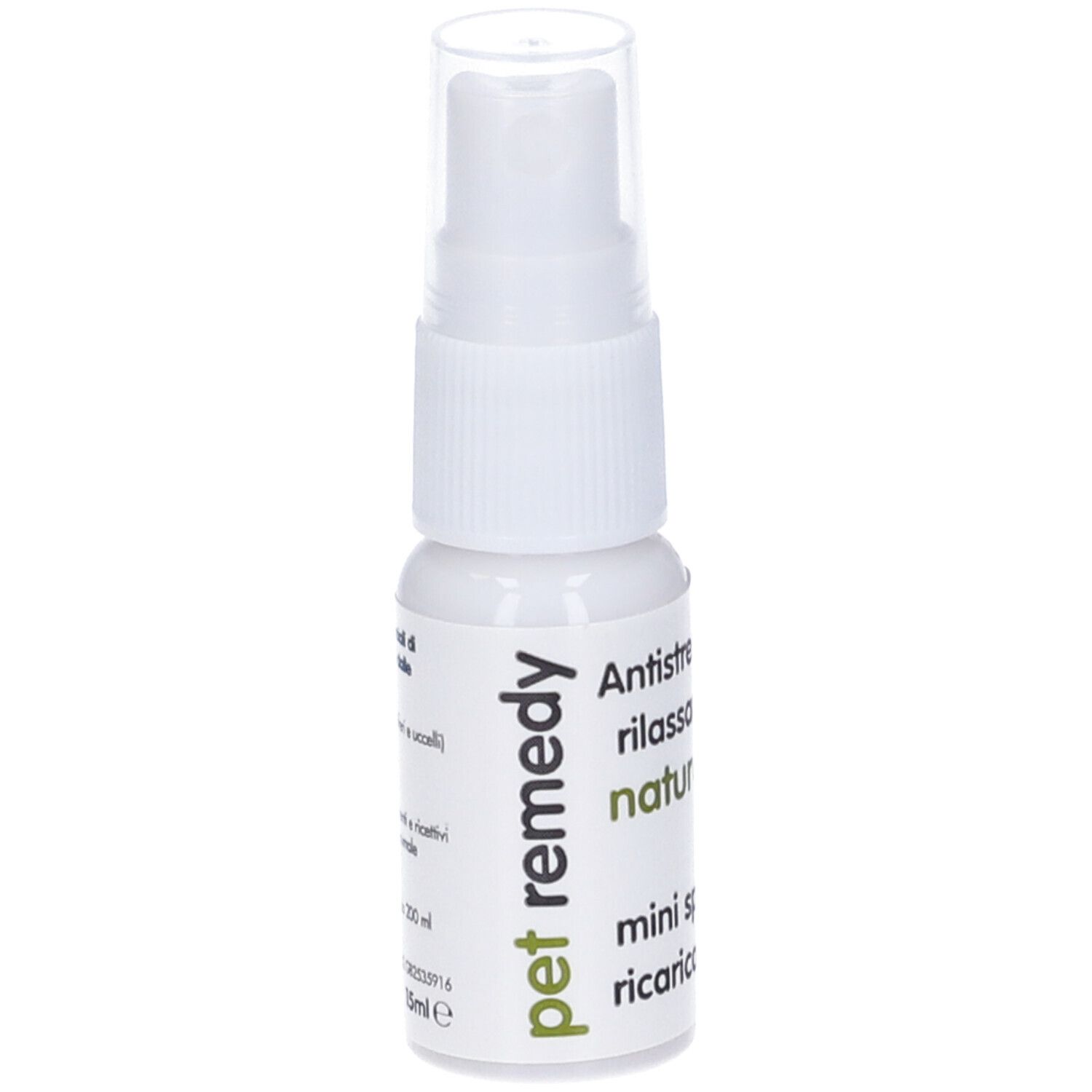 Piccolo flacone spray bianco con erogatore. Scritta 'Antistress e rilassante naturale' e 'mini spray ricaricabile'.