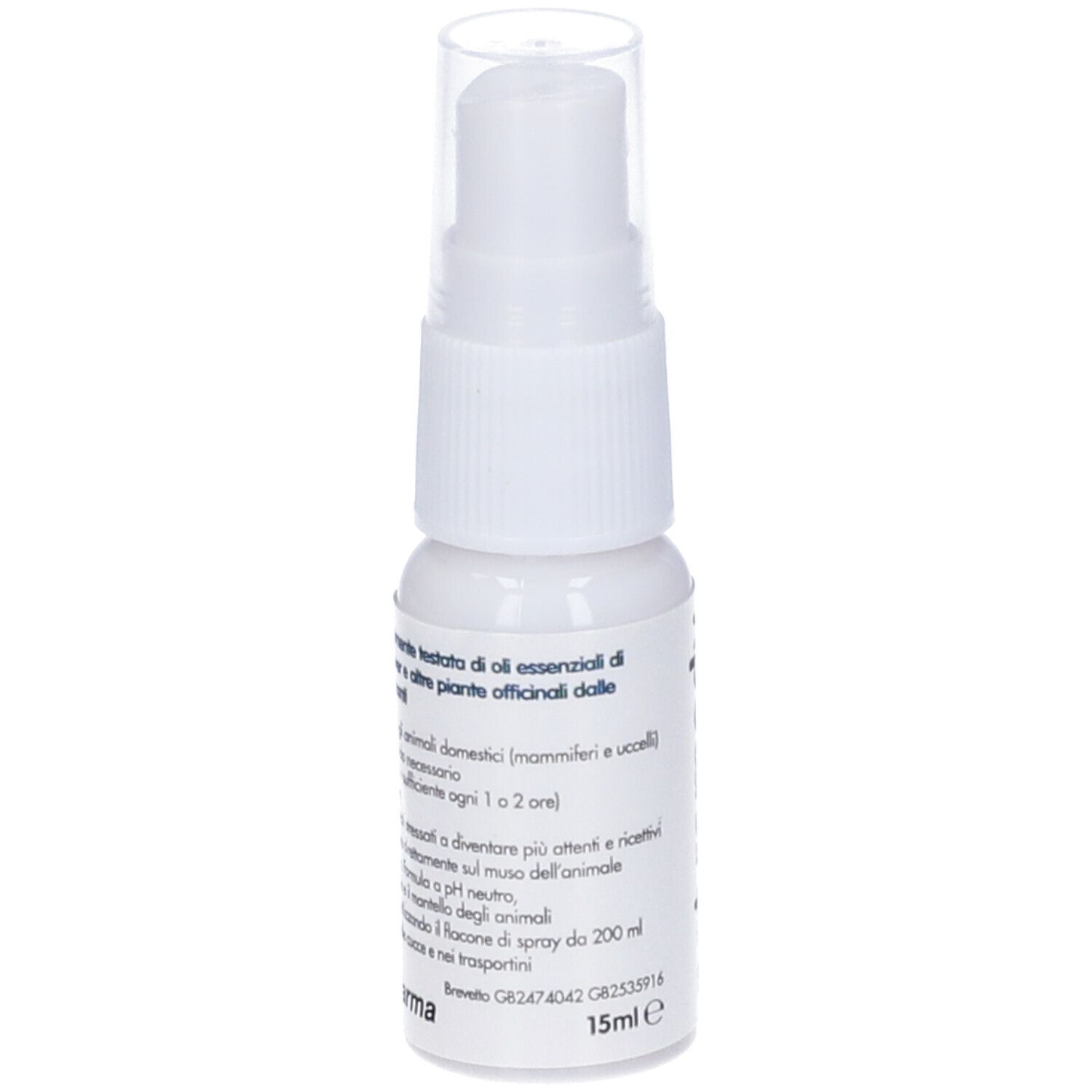 Piccolo flacone spray bianco con erogatore. Scritta e testo in italiano. 15ml.
