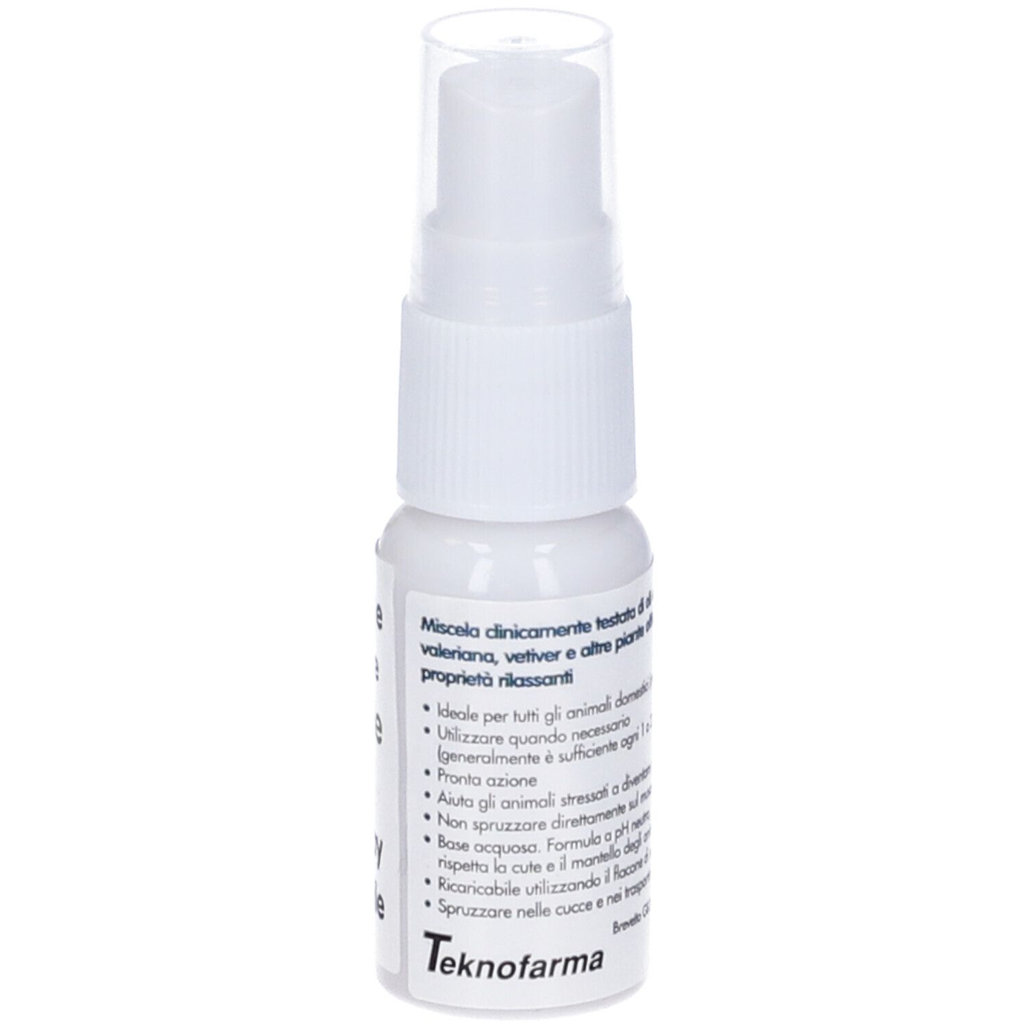 Piccolo flacone spray bianco con erogatore. Scritta e testo in italiano. 15ml.