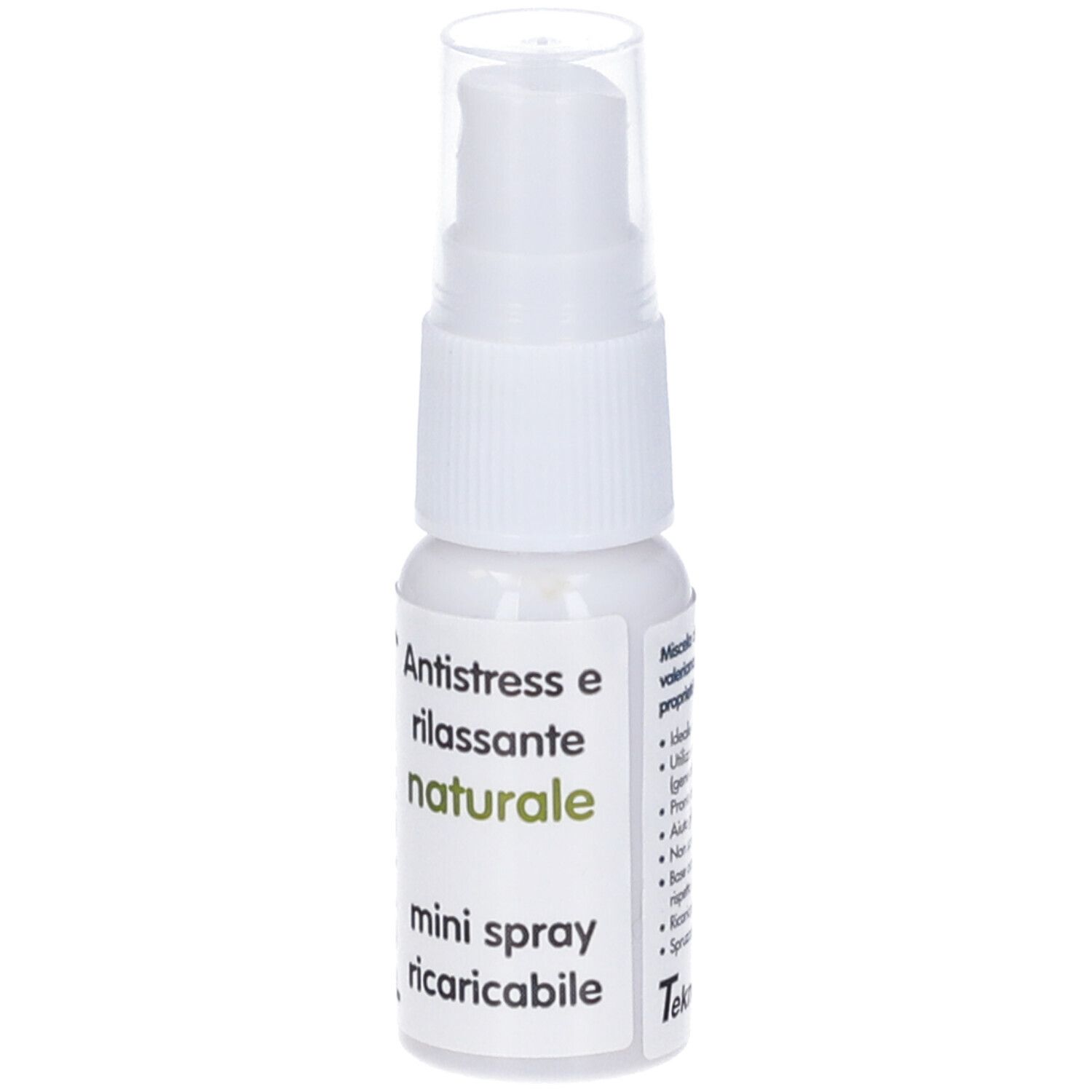 Piccolo flacone spray bianco con erogatore. Scritta 'Antistress e rilassante naturale' e 'mini spray ricaricabile'.