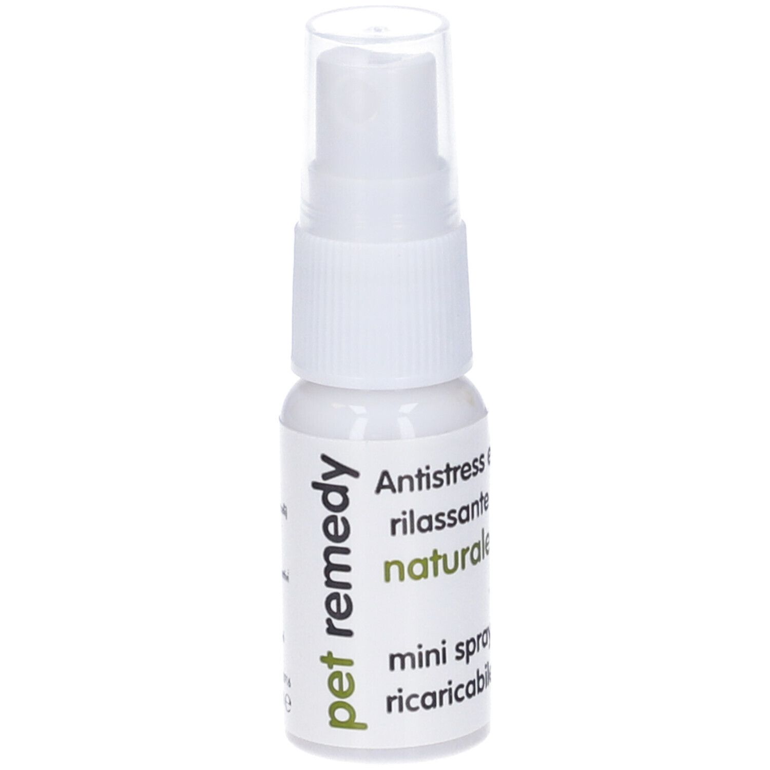 Piccolo flacone spray bianco con erogatore. Scritta 'pet remedy' e 'Antistress e rilassante naturale'.