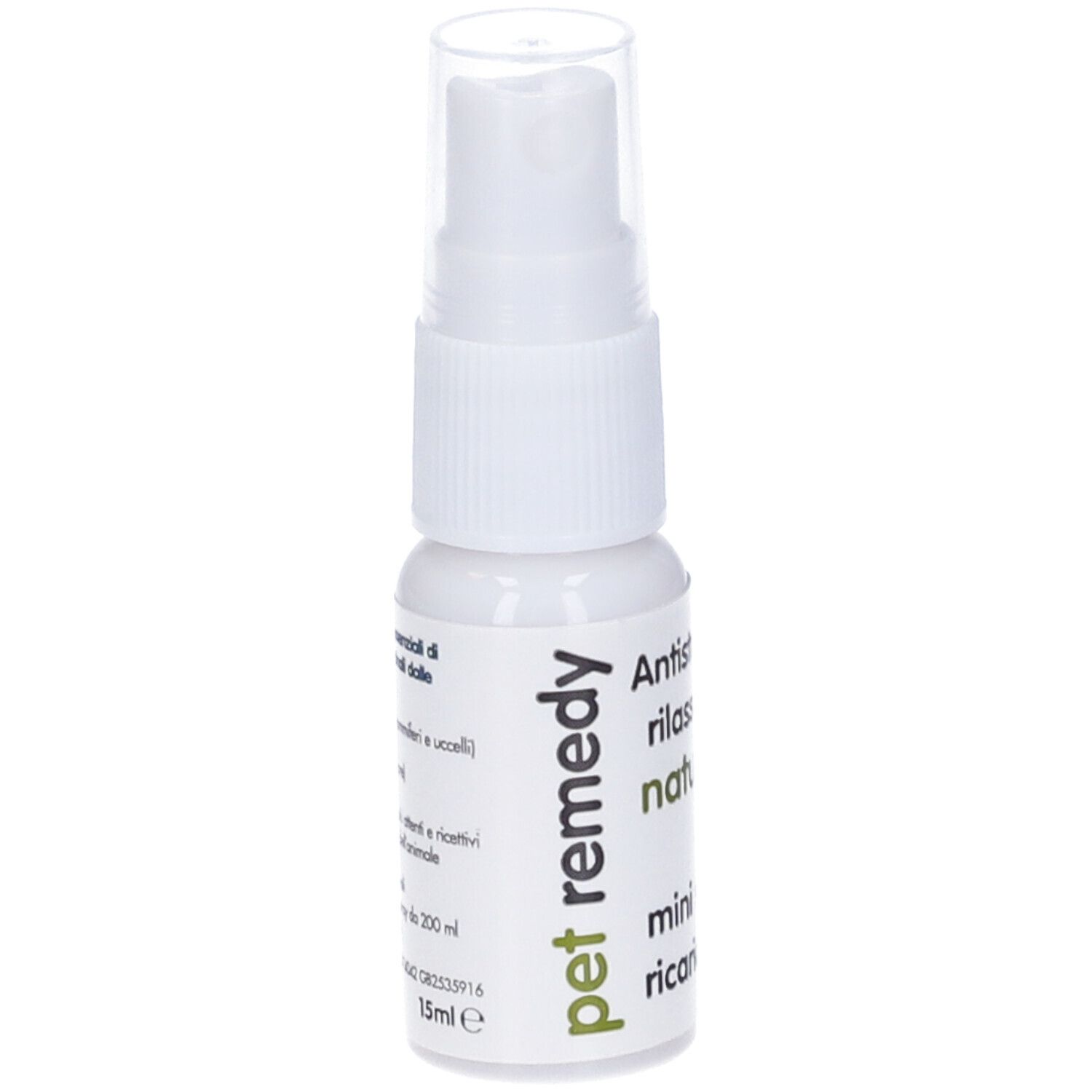 Piccolo flacone spray bianco con erogatore. Scritta 'pet remedy' e 'Antistress e rilassante naturale'.