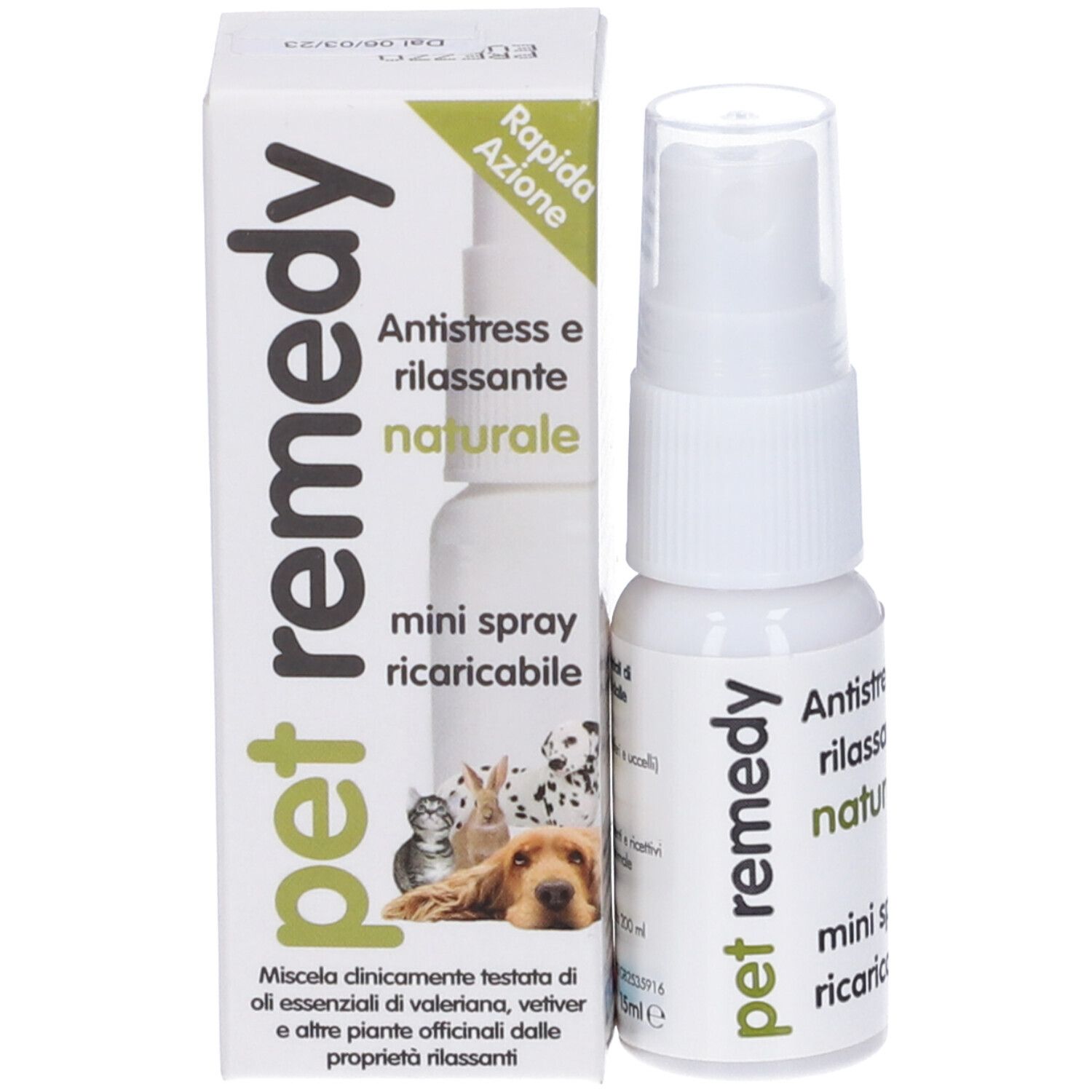 Piccolo flacone spray bianco e scatola. Scritta 'pet remedy' e 'Antistress e rilassante naturale'.
