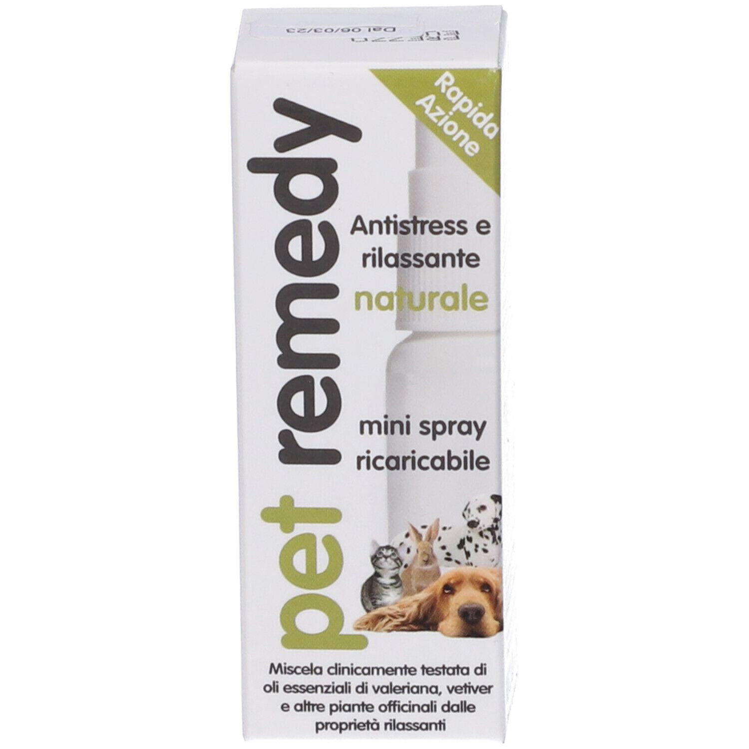 Scatola e piccolo flacone spray bianco. Scritta 'pet remedy' e 'Antistress e rilassante naturale'.