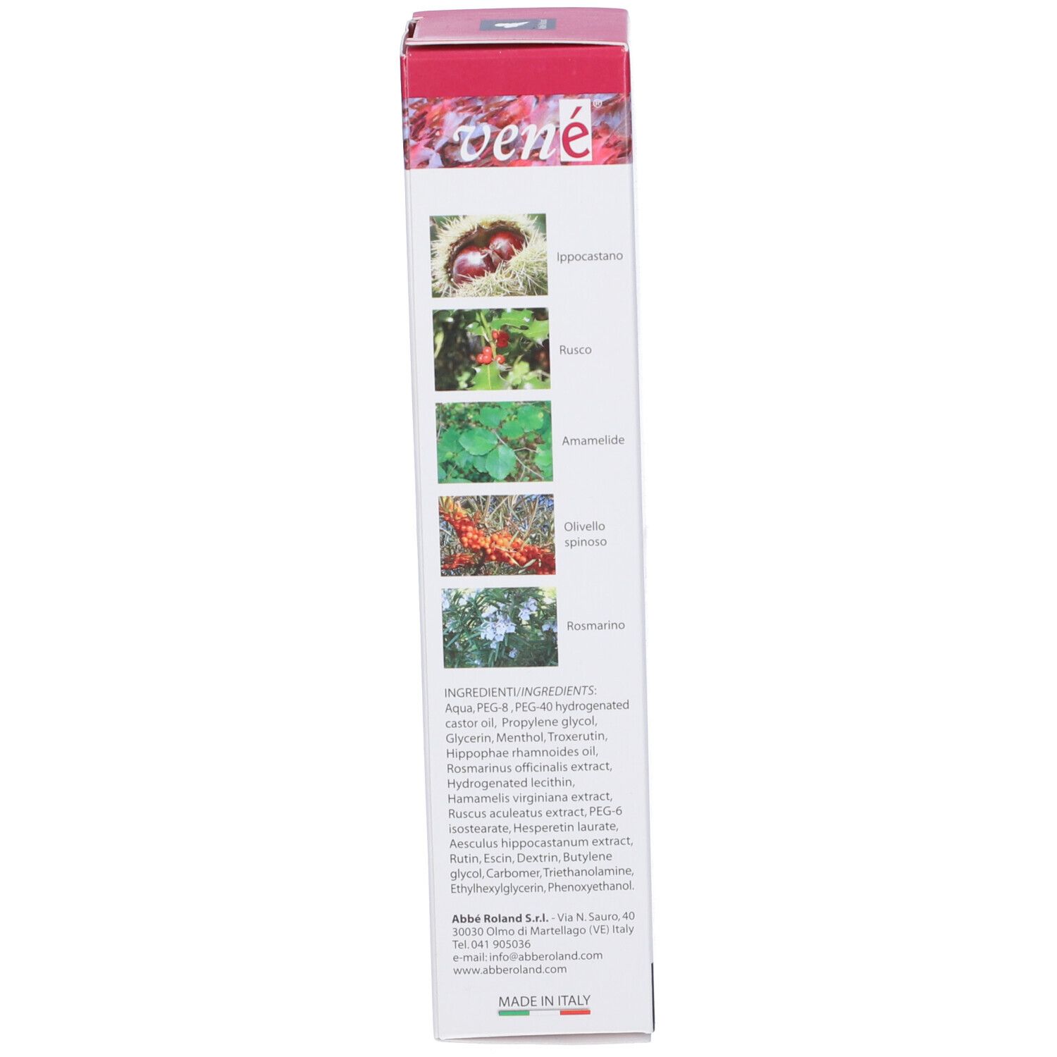 Lato della scatola con ingredienti e informazioni del produttore.