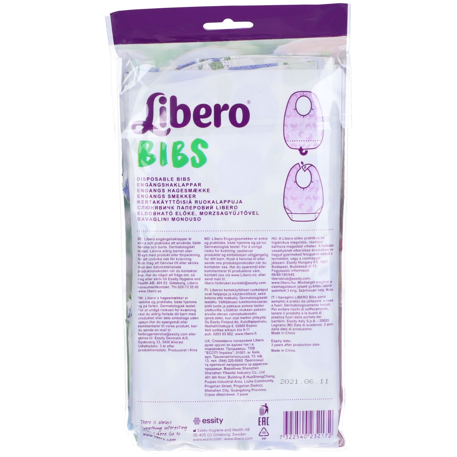 Confezione trasparente Libero con bavaglini. Stampa: logo, scritta "BIBS" e immagine del prodotto.