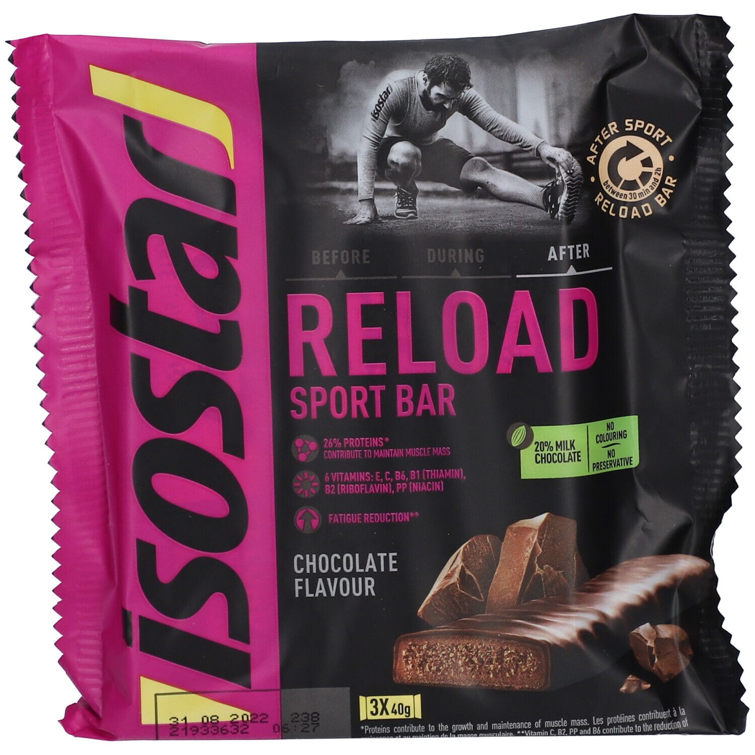 Barretta Isostad RELOAD Sport Cioccolato. Confezione rosa-nera. Testo: 20% proteine, gusto cioccolato. Immagine: atleta, barretta.