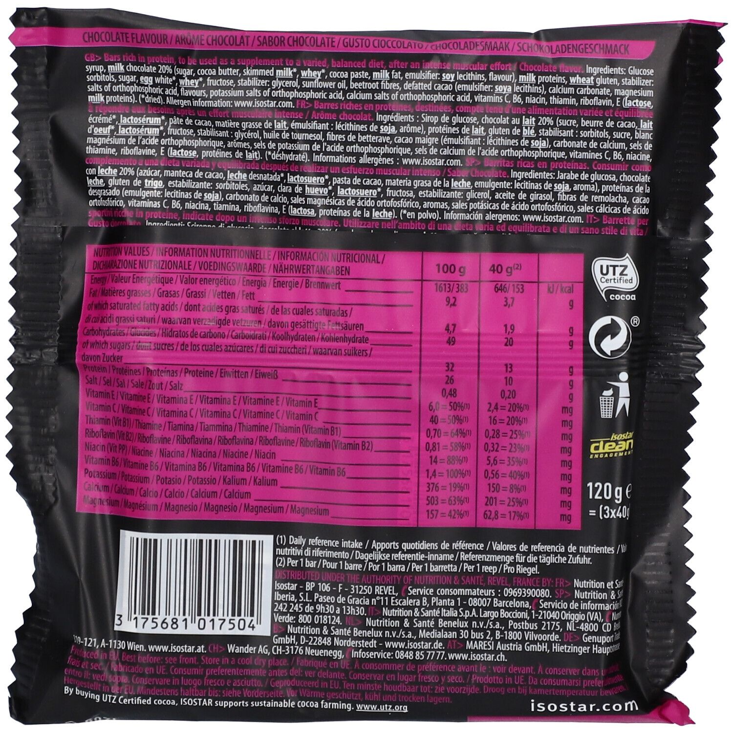 Retro della barretta Isostad RELOAD Sport Cioccolato. Sfondo nero. Testo: informazioni nutrizionali, ingredienti, certificazione UTZ, 120g.