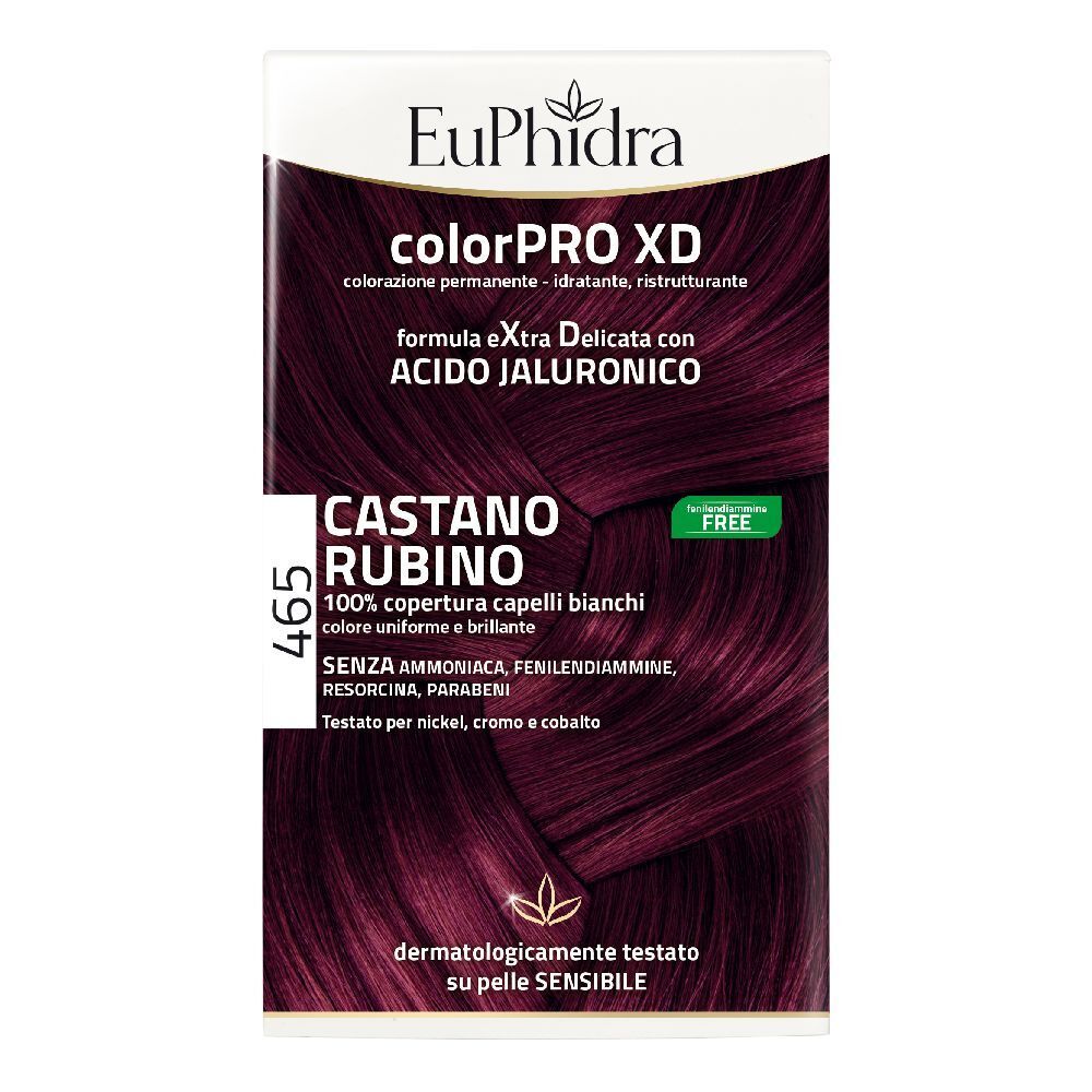 Boîte de coloration capillaire EuPhidra ColorPRO XD 465 Rubinbraun. Couleur châtain rubis. Sans ammoniaque, résorcine, parabènes. Testé dermatologiquement.