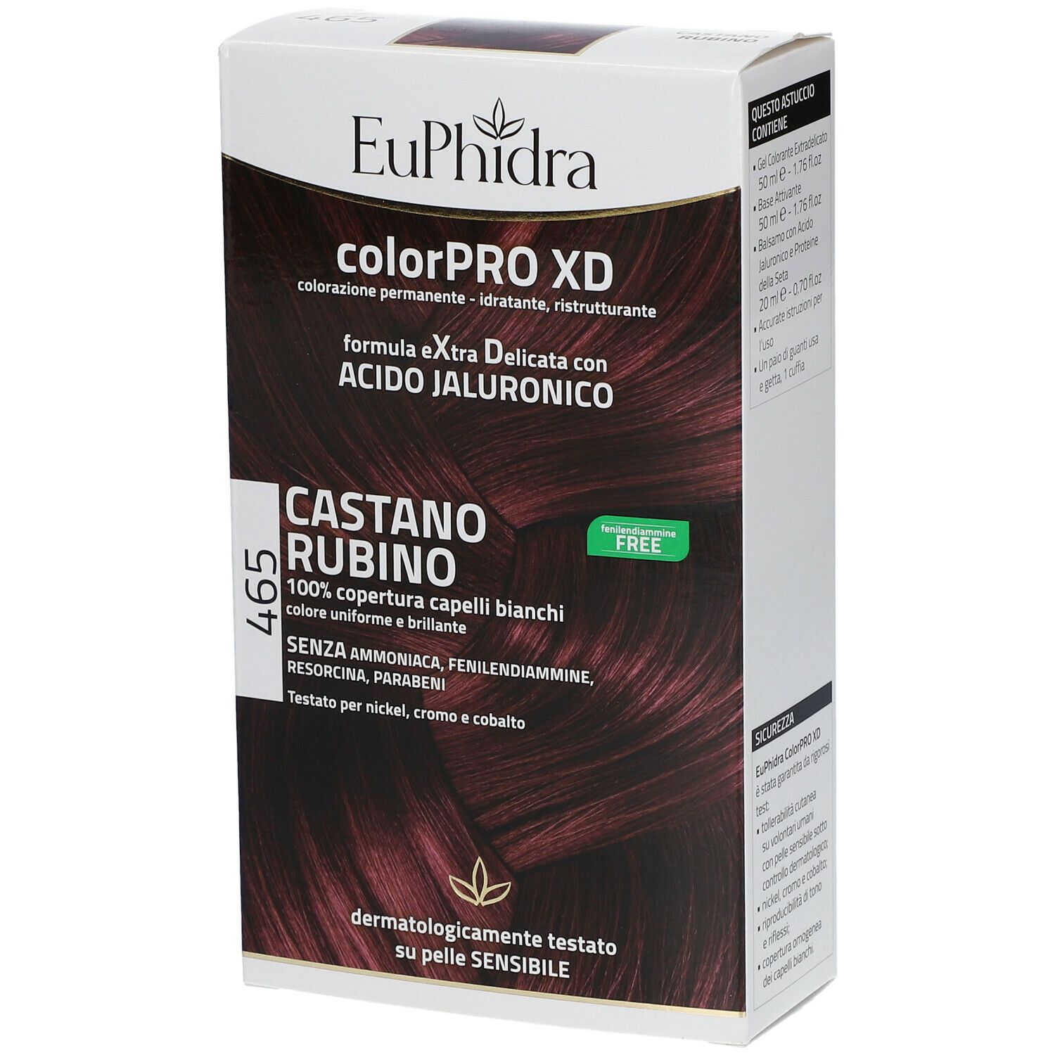 Boîte de coloration capillaire EuPhidra ColorPRO XD 465 Rubinbraun. Couleur châtain rubis. Sans ammoniaque, résorcine, parabènes. Testé dermatologiquement.