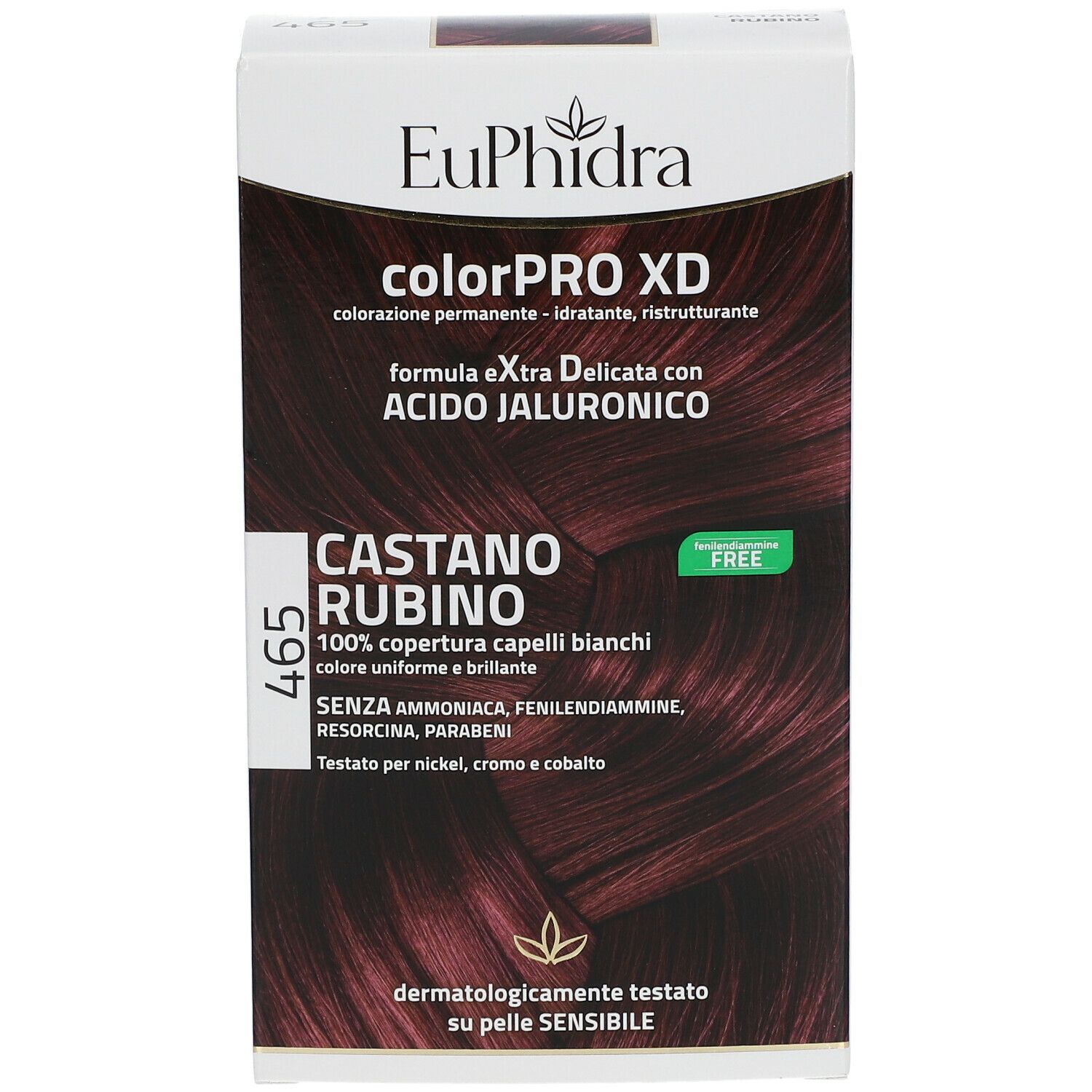 Boîte de coloration capillaire EuPhidra ColorPRO XD 465 Rubinbraun. Couleur châtain rubis. Sans ammoniaque, résorcine, parabènes. Testé dermatologiquement.