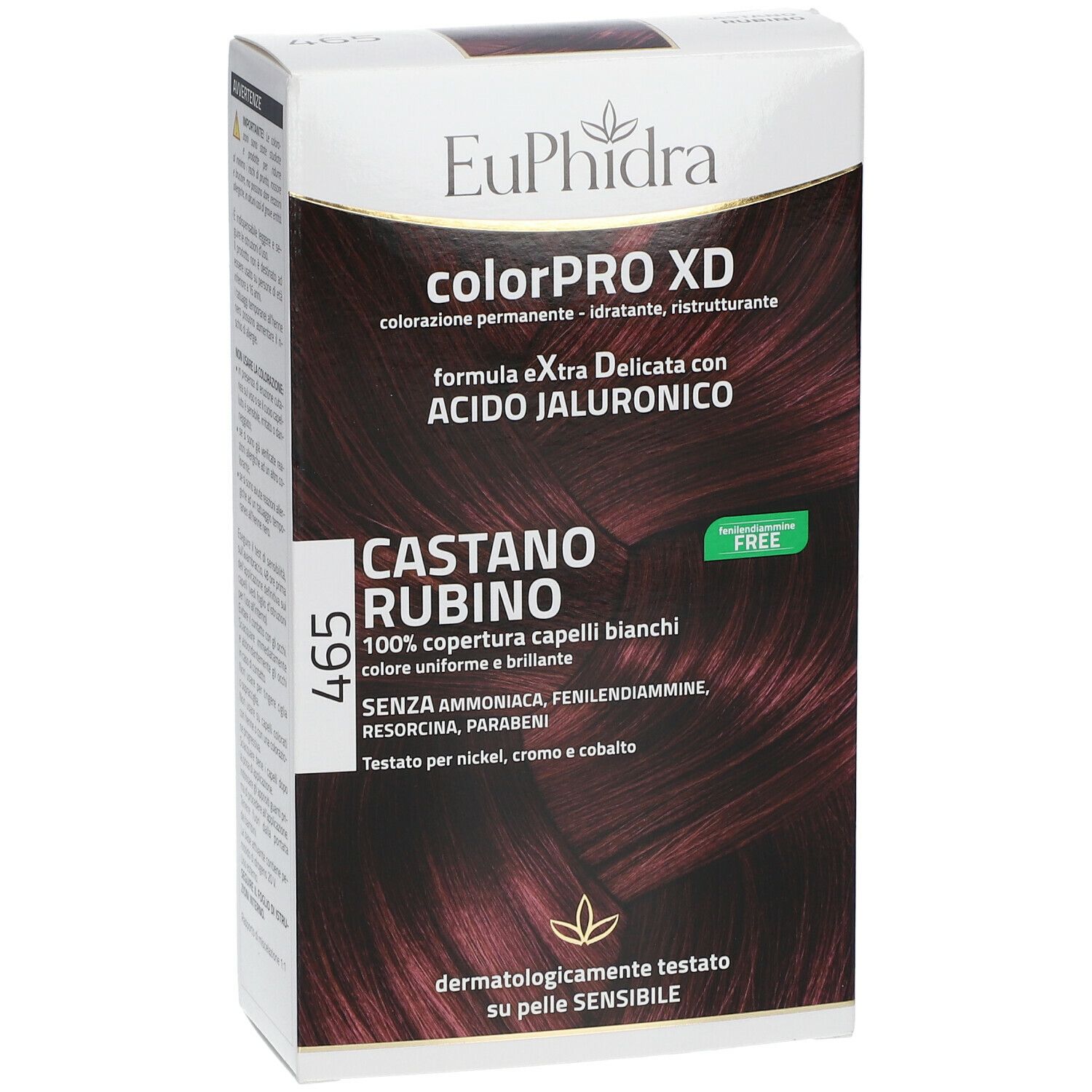 Boîte de coloration capillaire EuPhidra ColorPRO XD 465 Rubinbraun. Couleur châtain rubis. Sans ammoniaque, résorcine, parabènes. Testé dermatologiquement.