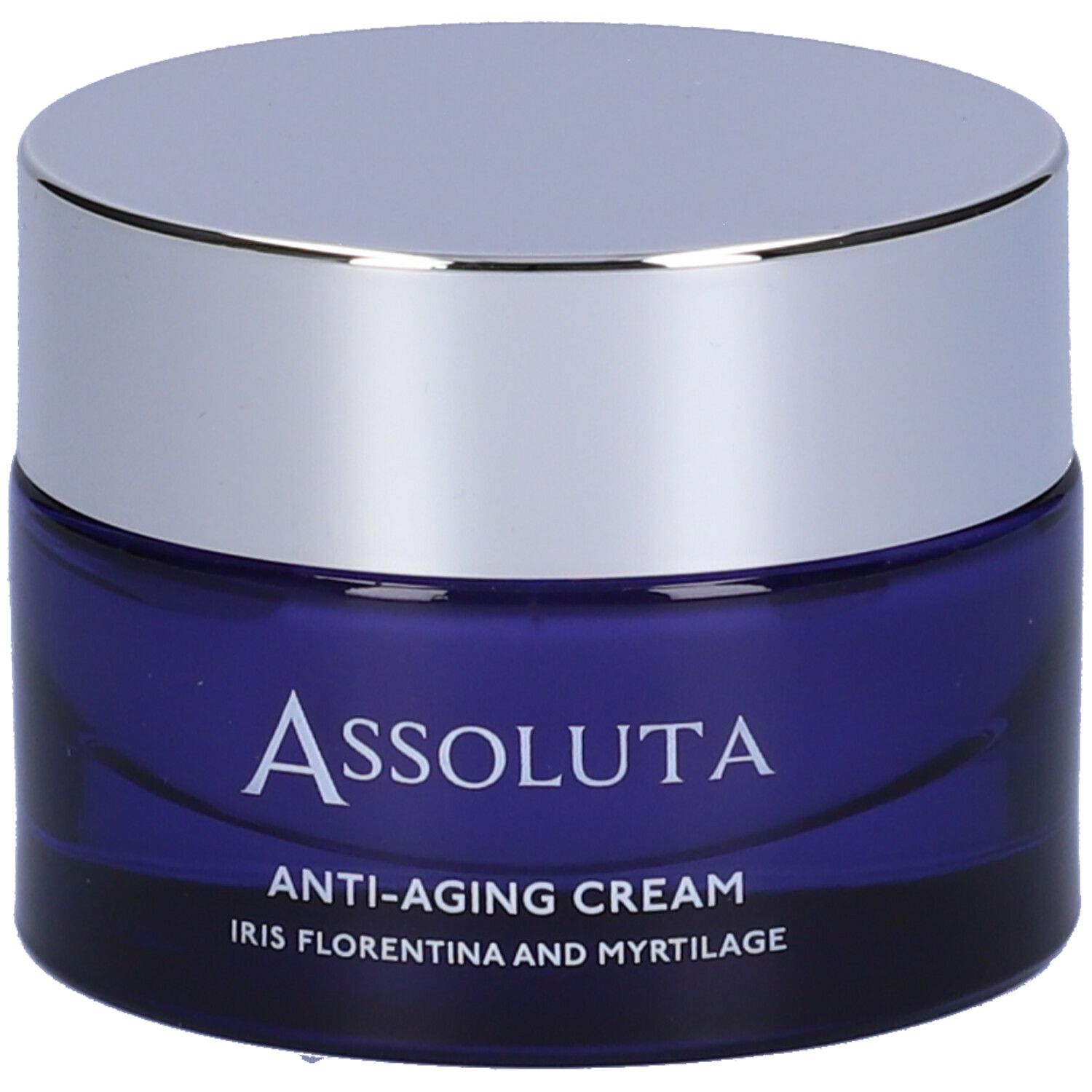 Vasetto blu con coperchio argentato. Scritta: Assoluta, Crema anti-età, Iris Florentina e Myrtilage.