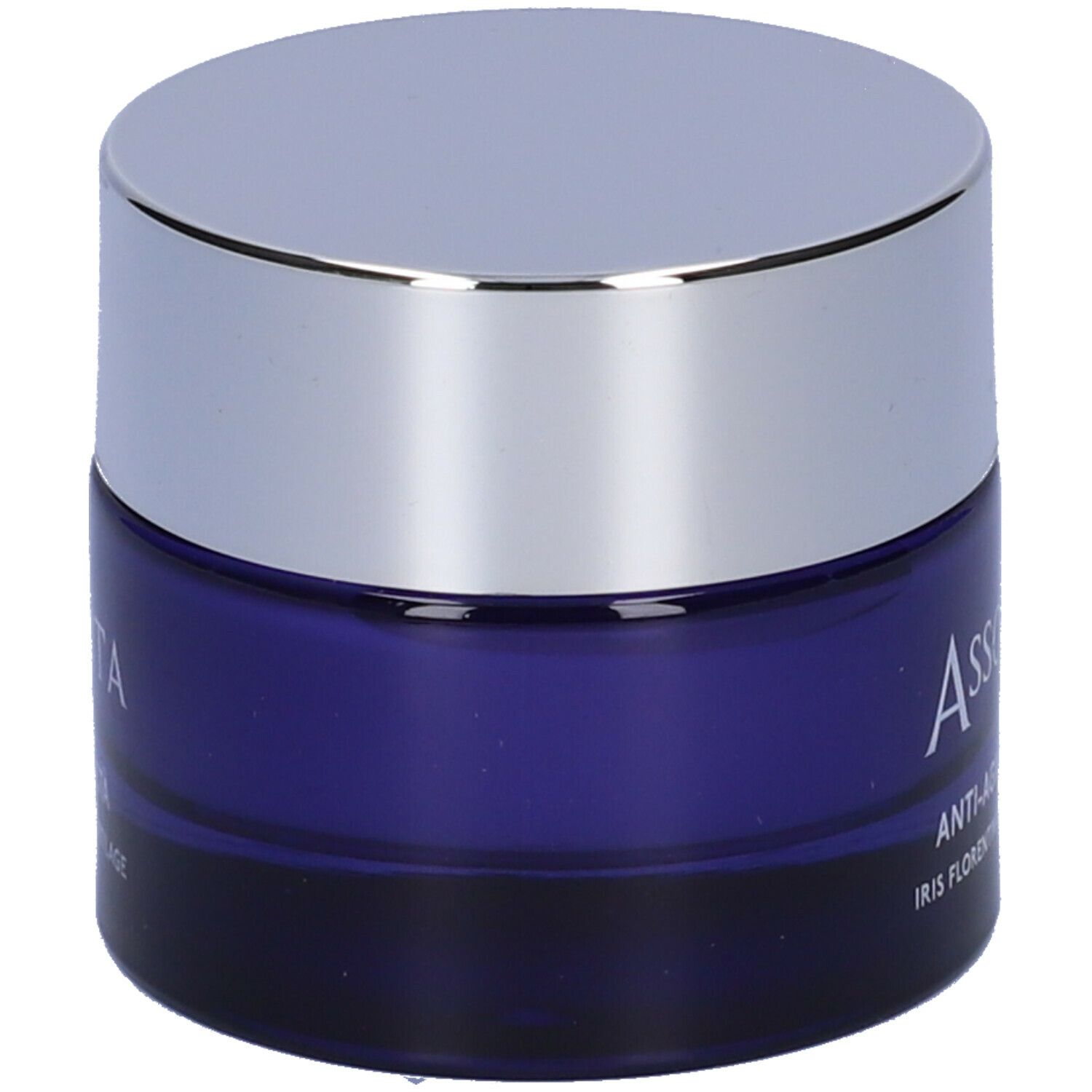 Vasetto blu con coperchio argentato. Scritta: Assoluta, Crema anti-età, Iris Florentina e Myrtilage.