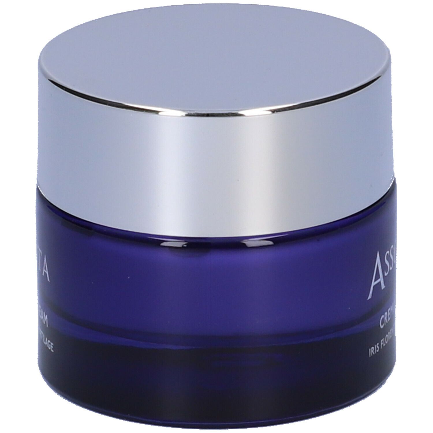Vasetto blu con coperchio argentato. Scritta: Assoluta, Crema anti-età, Iris Florentina e Myrtilage.